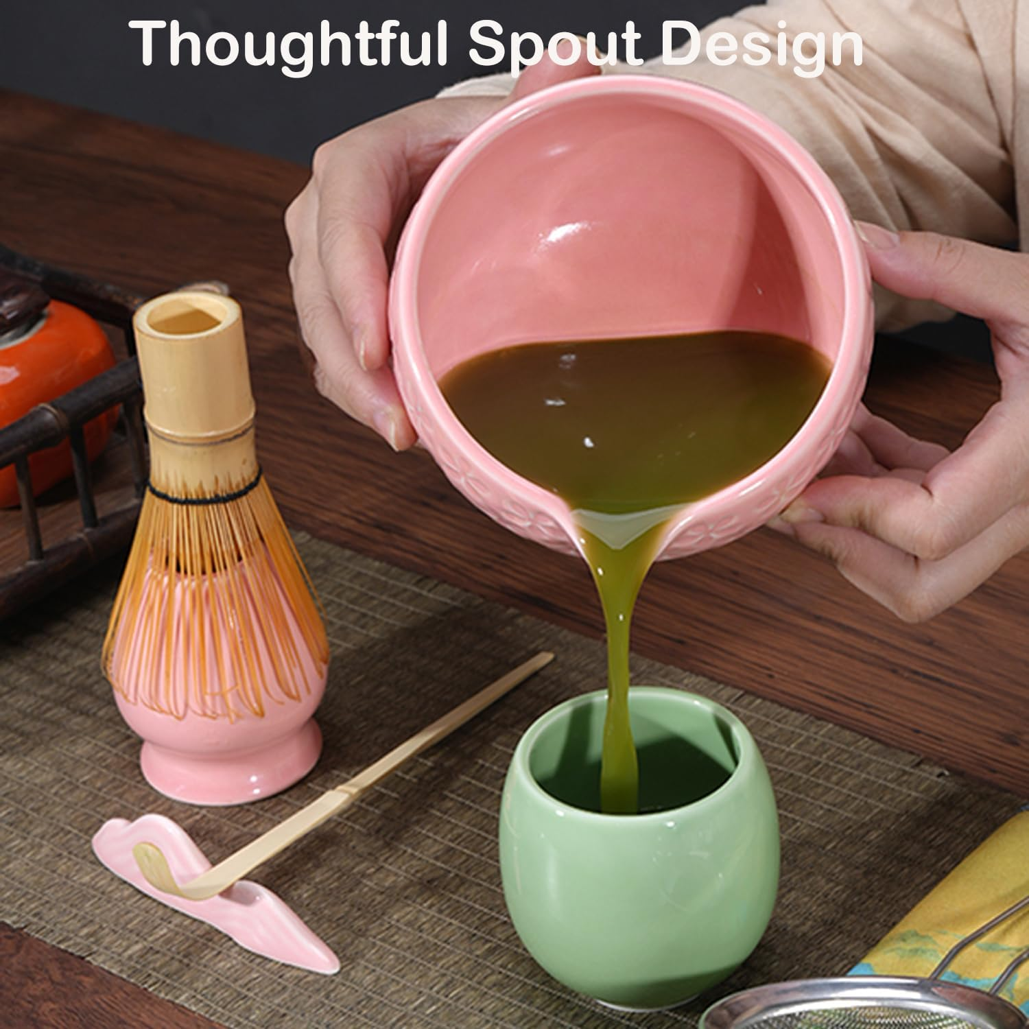 Matcha Whisk Set,5-Piece Ceramic Japanese Matcha Set Includes Matcha Bowl, Matcha Whisk and Holder, Bamboo Scoop, Scoop Rest, Sifter and Tea Towel - Matcha Kit for Matcha Lovers (Pink) image number 1
