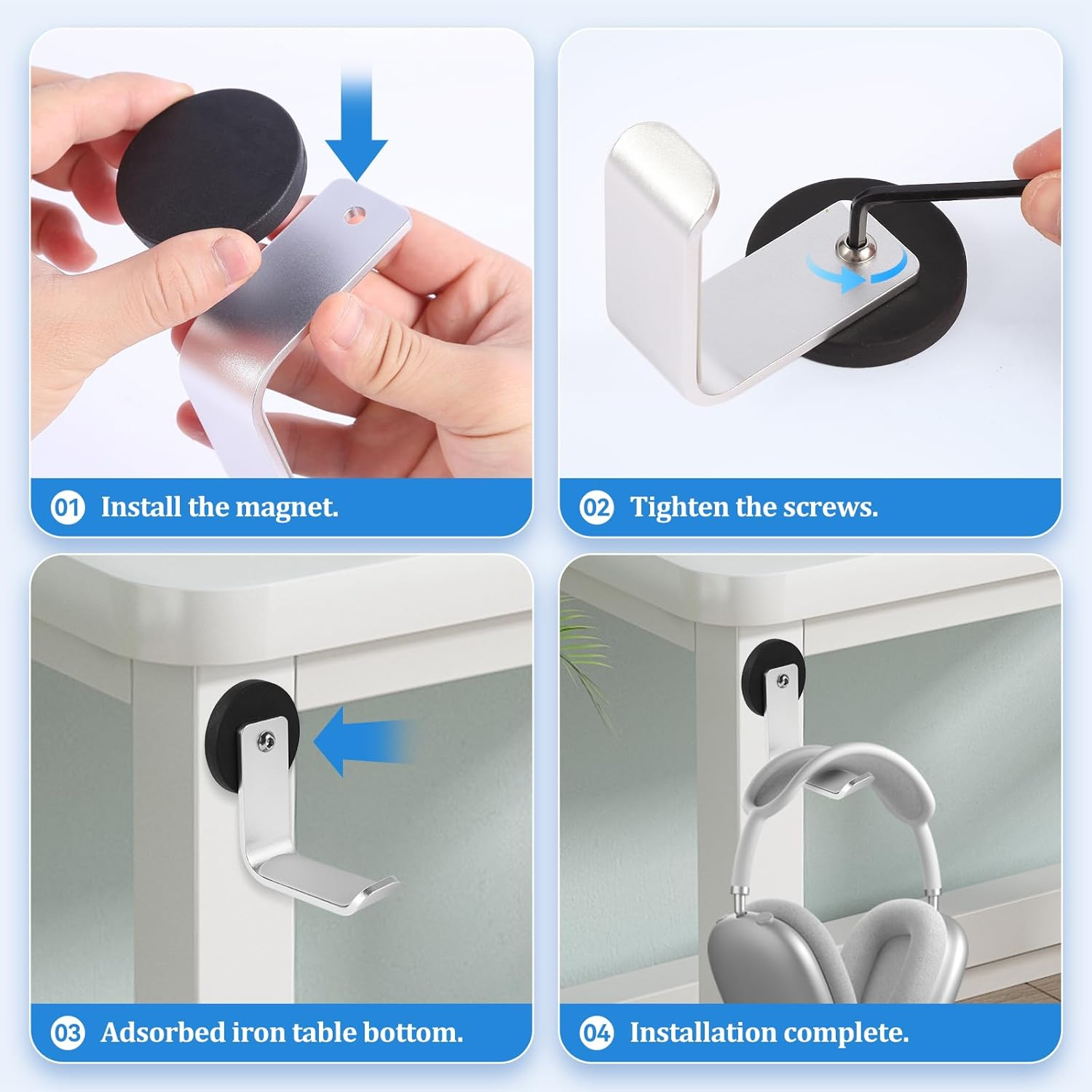 Magnetic Headphone Holder, Aluminum Headset Hooks, Headphone Hanger for Desk & Table, Headphone Mount Stand with Rubber Pad, Compatible with All Computer/Gaming Headsets (Silver) - Silver image number 6