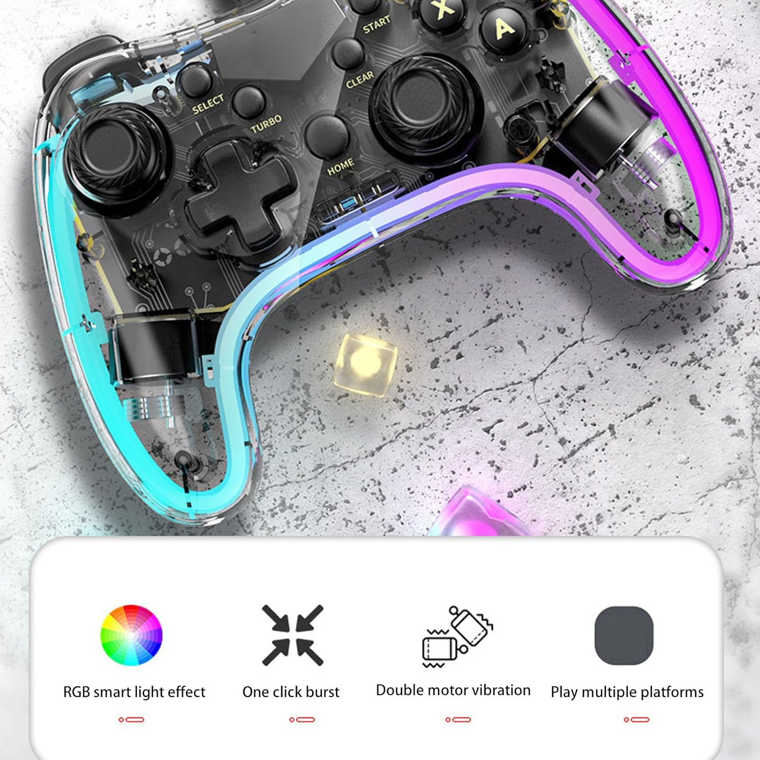 Wired Controller for Switch, PC, PS3, IOS, OS X, Wired Game Controller with RGB Light, 6 Axes Gyroscope Burst Wake up Function Transparent Gamepad for Switch for PS3 PC image number 4