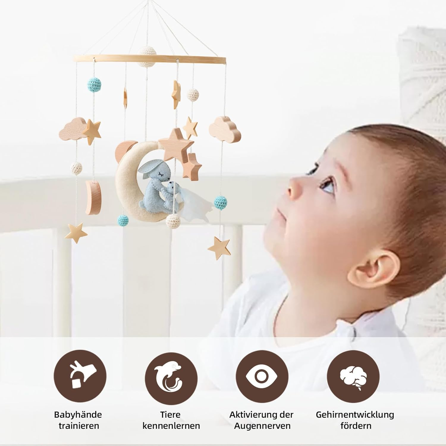 Mobile Baby Moon Rabbit Baby Bed Bell with Stars Clouds Wind Chimes Baby Mobile Cute Baby Room Decoration Newborn Gift for Boys Girls image number 1