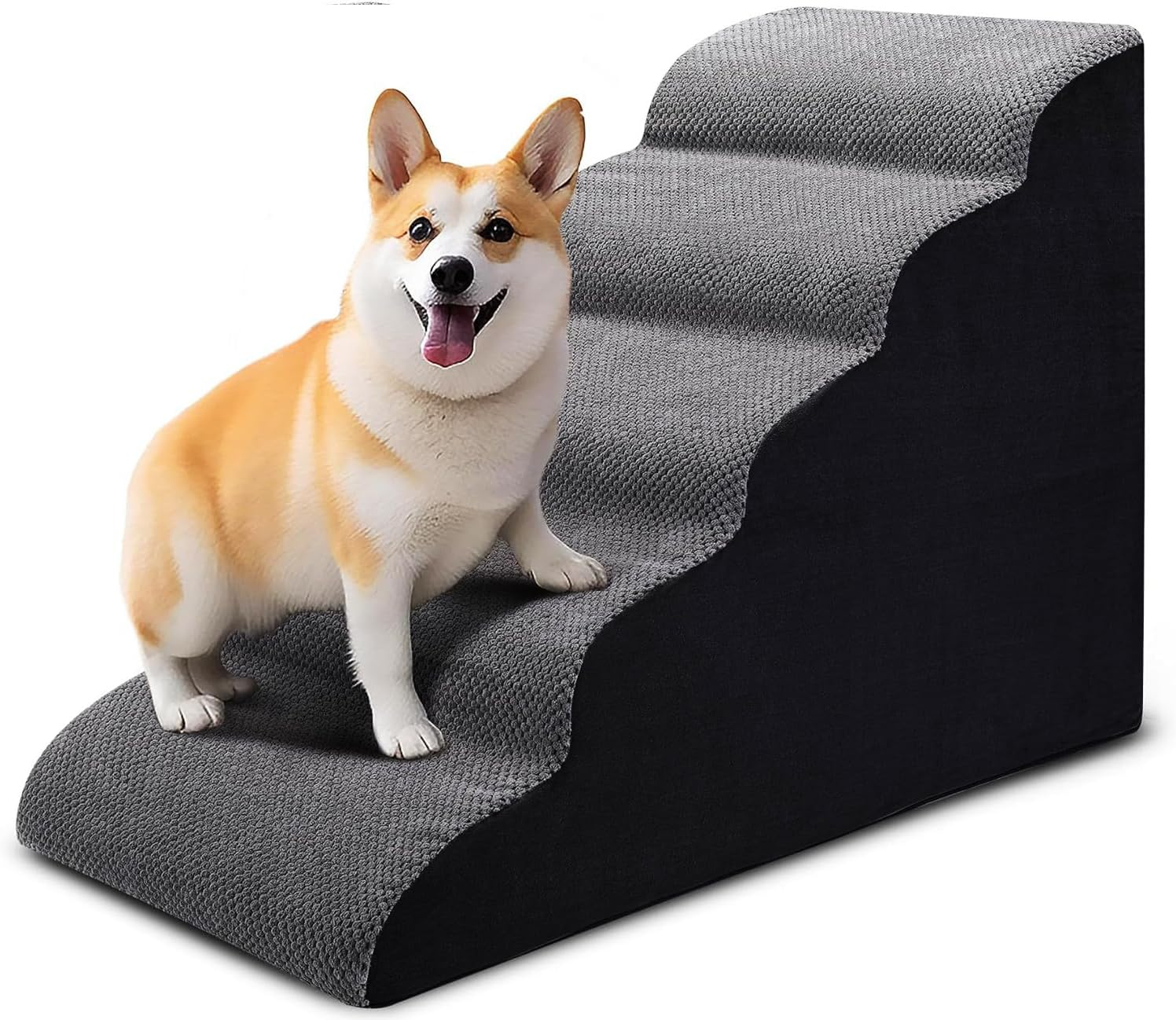 Curved Dog Stairs Ramp, 5 Steps Spliceable Dog Stair, 58Cm Height Pet Stairs for High Bed 28" H Climbing, 35D Foam Non-Slip Bottom Pet Step Indoor & Outdoor Multi-Use with Removable & Washable Cover