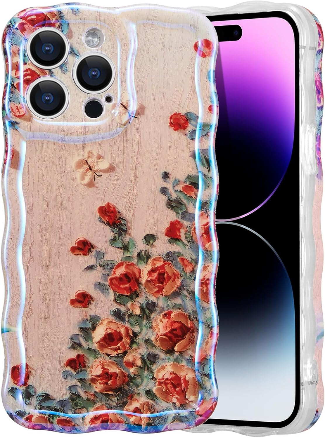 EYZUTAK Case for Iphone 15 Pro, Colorful Retro Oil Painting Printed Flower Laser Glossy Pattern Cute Curly Waves Border Exquisite Phone Cover Stylish Durable TPU Protective Case for Girls Women -Beige image number 1