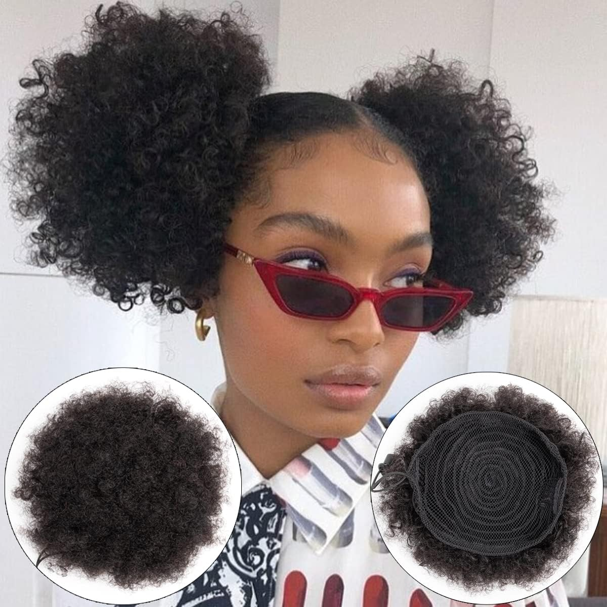 FEIPRO Afro Puff Drawstring Ponytail Human Hair Small Curly Ponytail Buns Hairpieces 8A Brazilian Virgin Hair Short Clip in Ponytails for Black Women Girls Kids 6 Inch Natural Black image number 3
