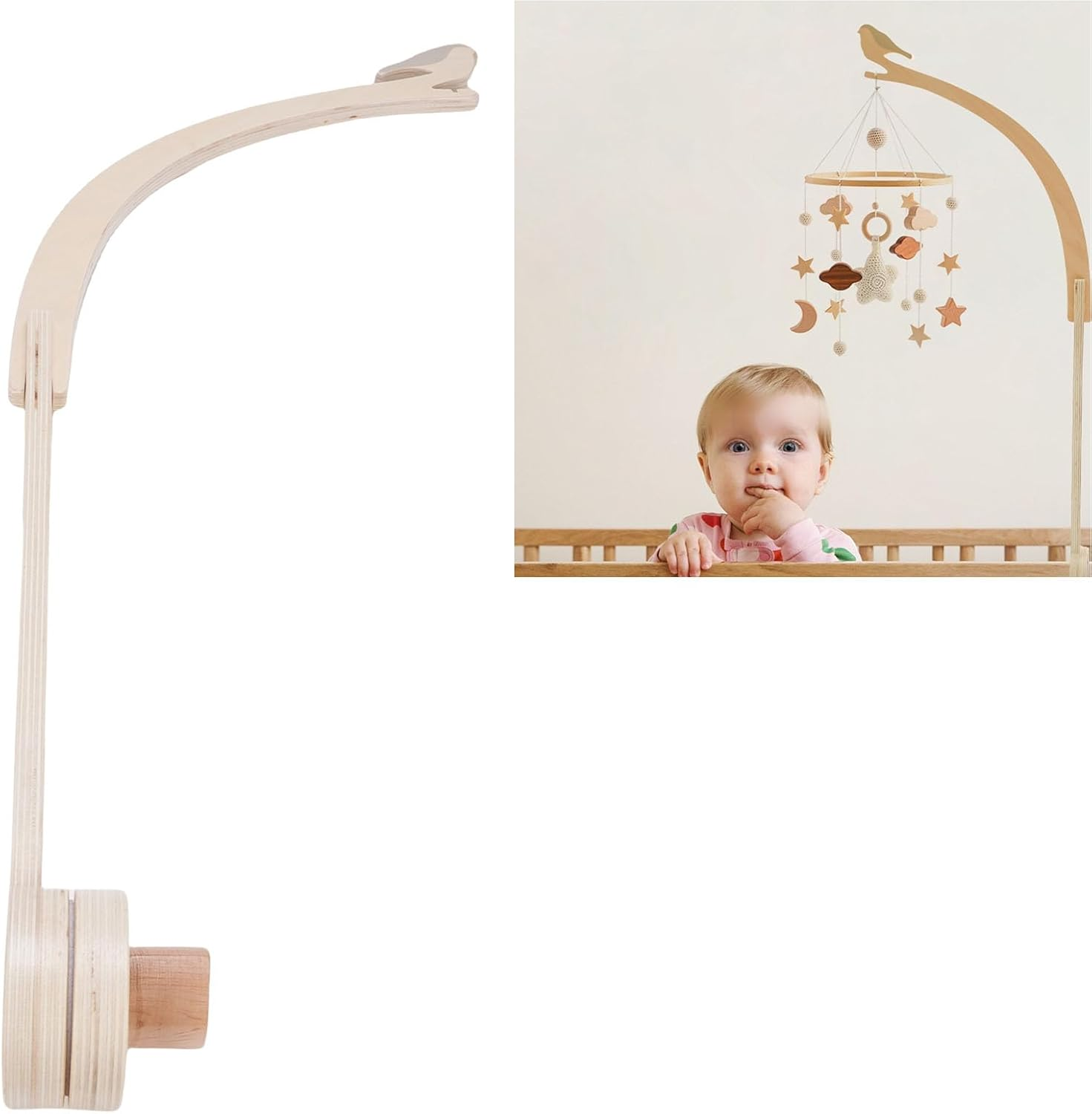 Baby Crib Mobile Arm, Beech Wood Baby Crib Mobile Arm Holder No Tool Assembly Bracket with Secure Gripping Design for Nursery image number 3