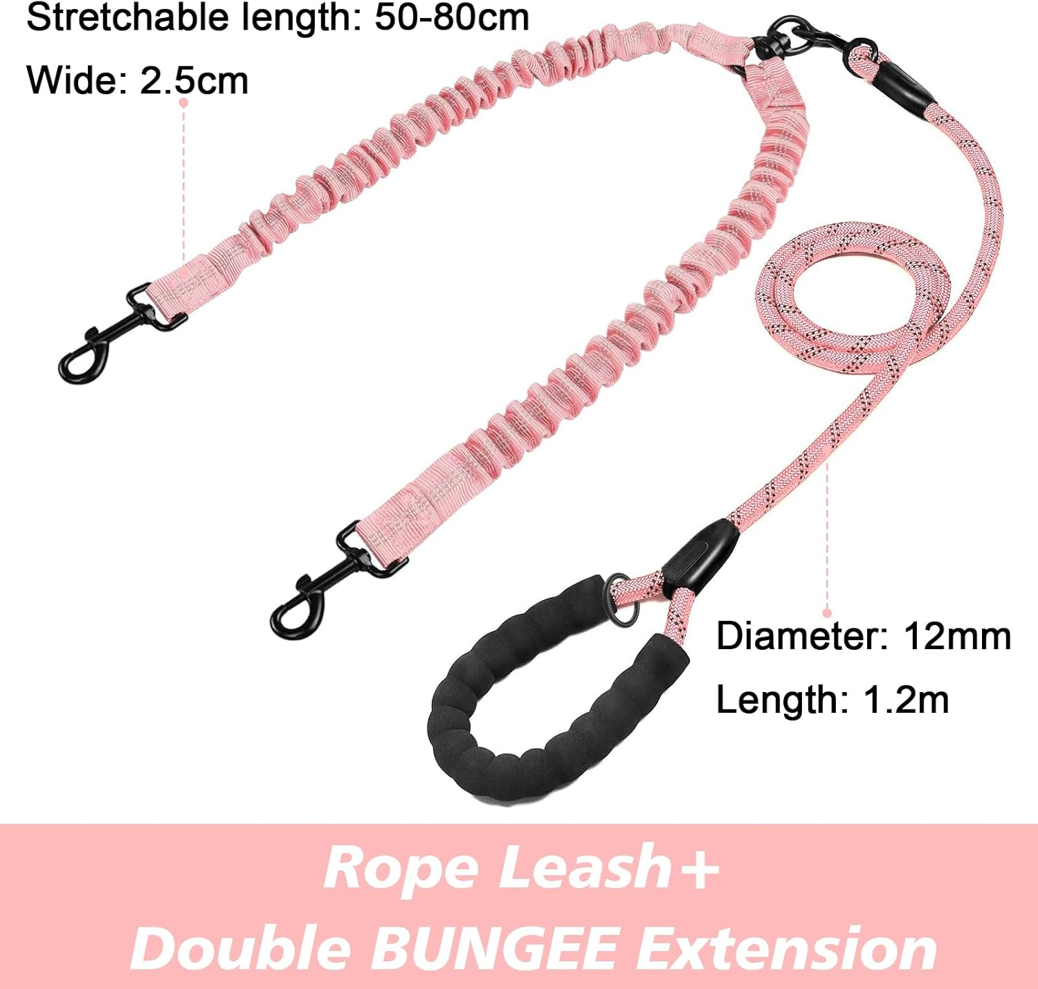 Double Dog Leash for 2 Dogs, Heavy Duty Dual Dog Lead, No Tangle Walking Leash with Shock Absorbing Bungee for Two Dogs, Durable Nylon Dog Lead for Medium/Large Breeds (Pink)