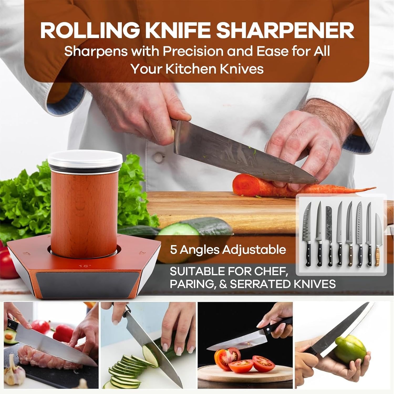 Knife Sharpener - Professional Rolling Knife Sharpener Tool Kit for Kitchen Knives - Knife Sharpening Made Easy - Diamond Discs Offer 5 Magnetic Angles (12&deg;/15&deg;/17&deg;/19&deg;/22&deg;) - Kitchen Gadgets & Gifts image number 4