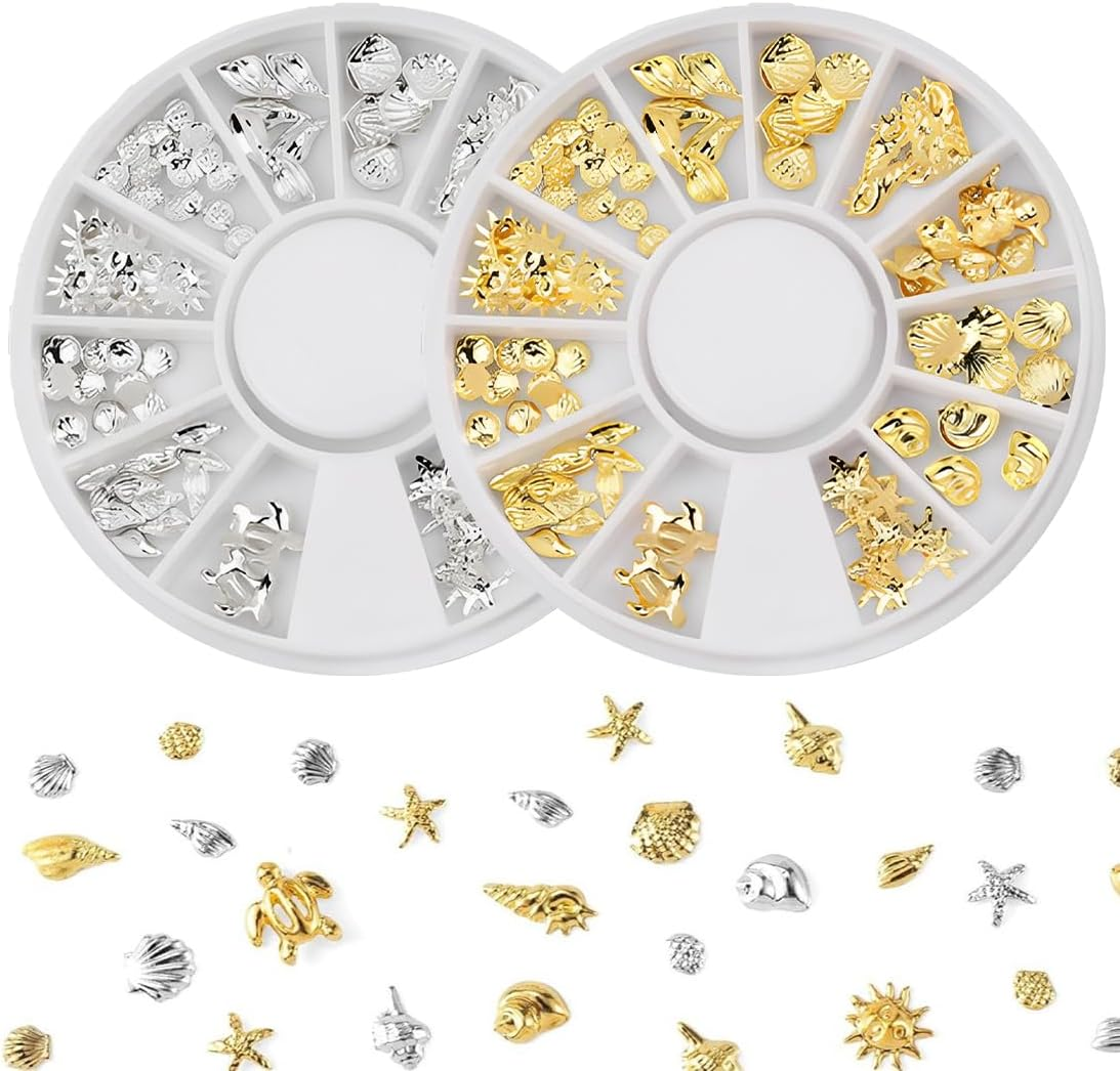 Tomedeks 2 Boxes 3D Nail Charms,Gold Silver Nail Stuff,3D Metal Nail Charms,Nail Art Charms,Summer Beach Charms,Nail Gems,Assorted Styles,Girls Nail Art DIY Accessories image number 1