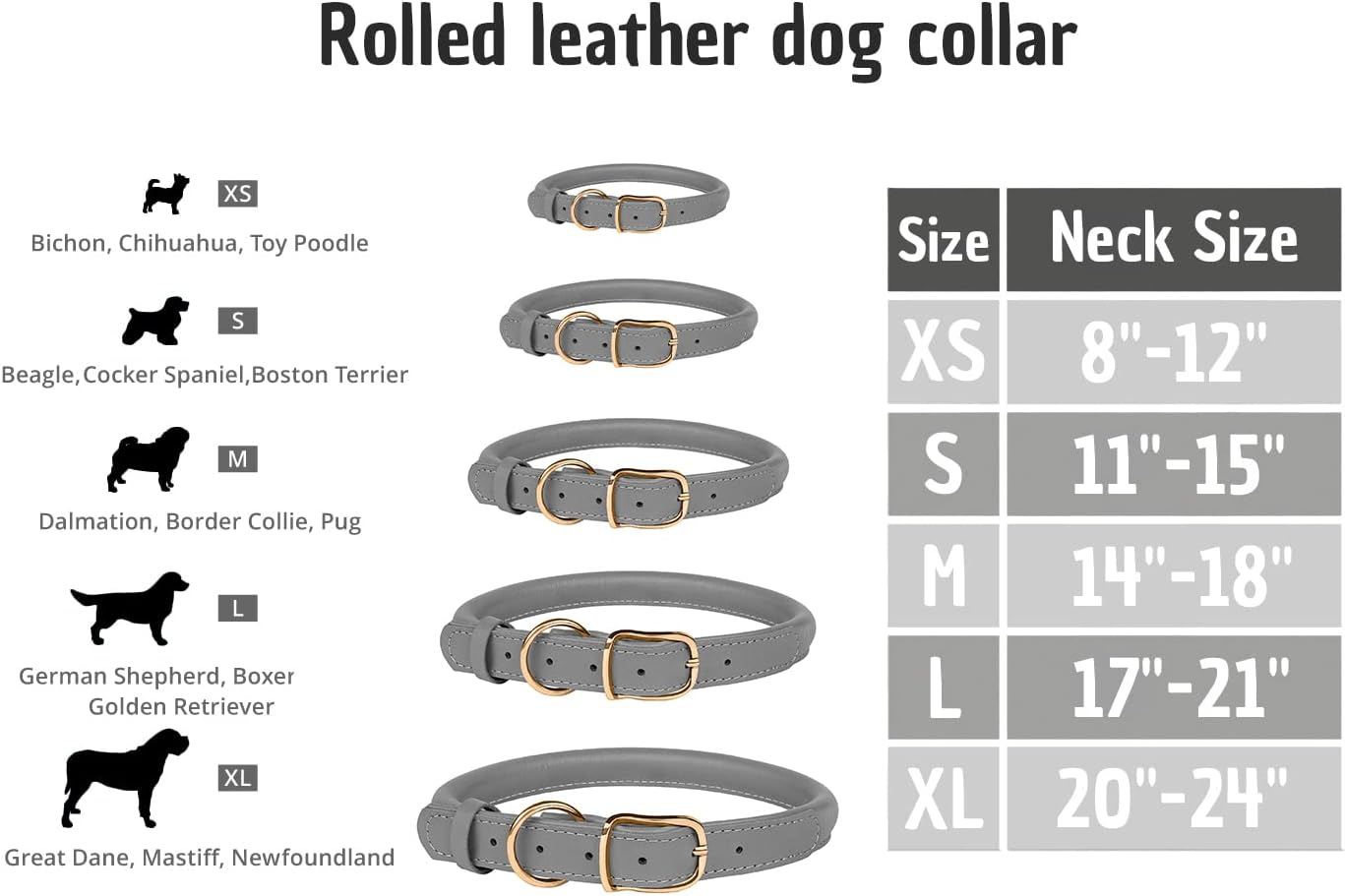 MUROM Rolled Leather Dog Collar Durable round Rope Pet Collars for Small Medium Large Dogs Puppy Pink Purple Green Red Brown Gray (8"-12" Neck Fit, Gray) image number 2