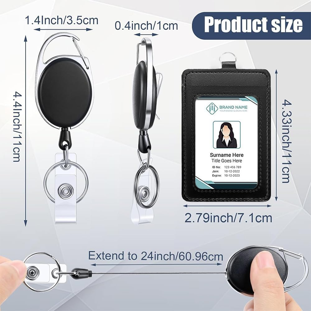 2 Pack Badge Holders and Heavy Duty Retractable Reel Clips Set, Id Card Holder Retractable,Vertical Leather Swipe Card Holder with 1 Clear ID Window & 2 Credit Card Slots image number 4