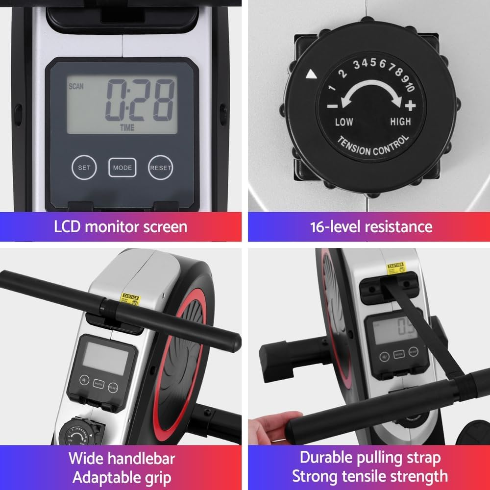 Everfit Elastic Rope Resistance Rowing Machine, Foldable Magnetic Rower Home Gym Fitness Equipment Cardio Workout Exercise, Adjustable 16 Levels 120KG Weight Capacity LCD Monitor Black image number 2