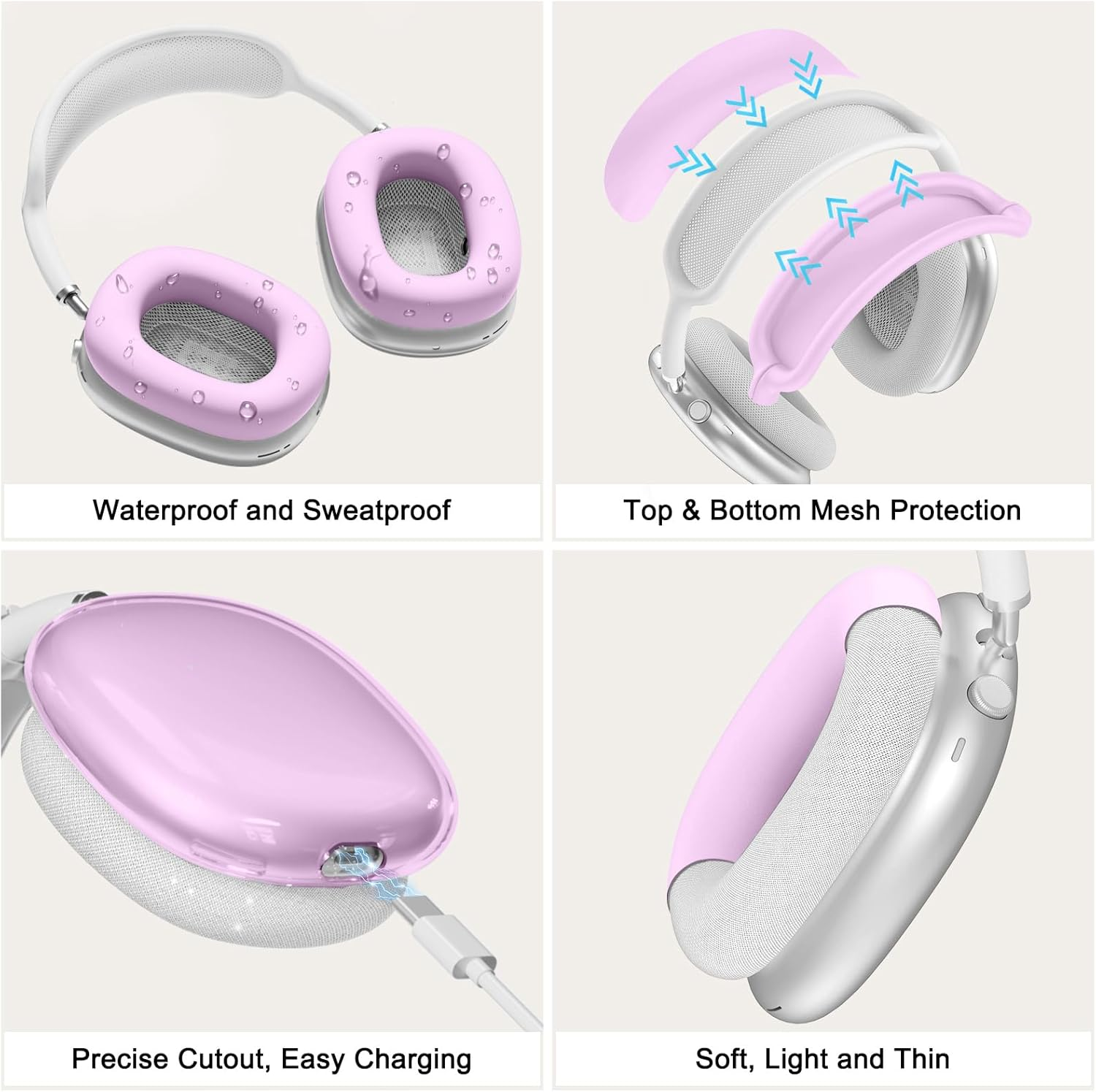 [4 in 1] Silicone Case Cover for Airpods Max Headphones, Clear Soft TPU Ear Cups Cover/Ear Pad Case/Headband Covers for Airpods Max (2024/2020), Transparent Accessories for Airpod Max (USB-C), Purple - Black-4 image number 4