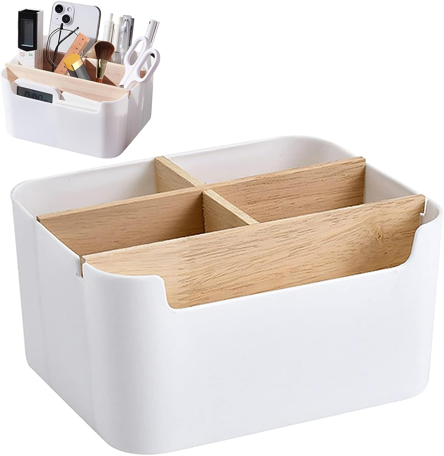 Wooden Desktop Pen, Wooden Desktop Organiser, Bamboo Desk Organiser, Storage Box with Removable Compartments, Multifunctional Storage Box, Desk Accessories image number 5