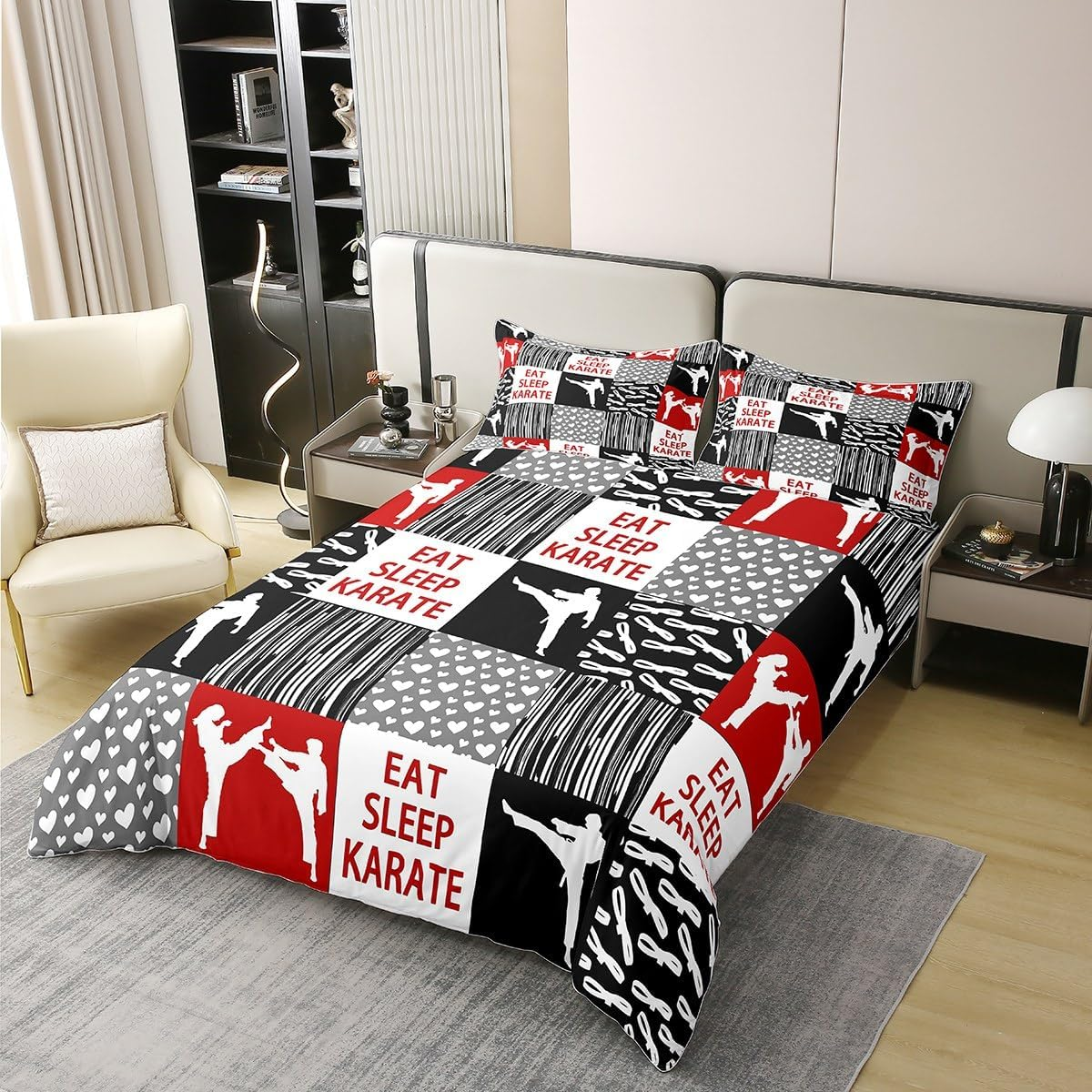 Homemissing Karate Decor 100% Cotton Bed Set Modern Geometric 100% Cotton Bed Set Martial Arts Duvet Cover Set Karate Red Bedding Set 135 X 200 Cm for Boys Girls Children