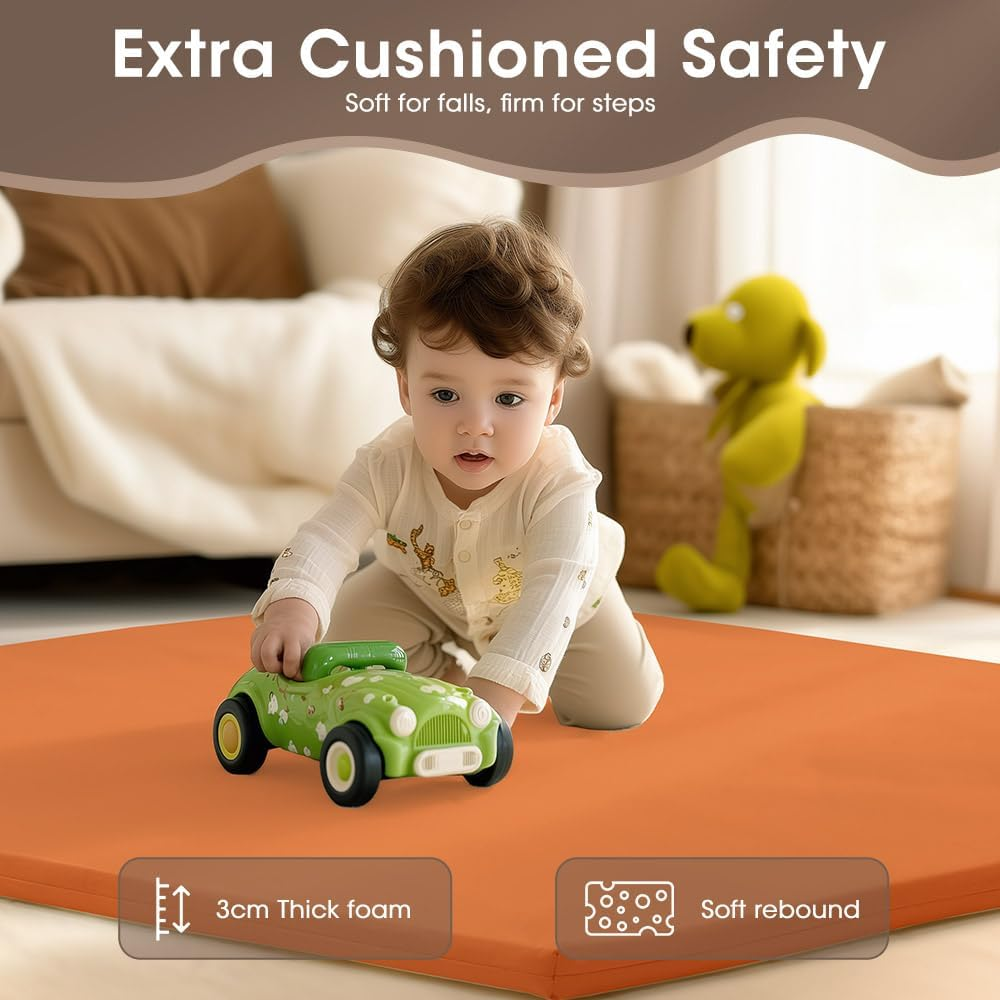 Playpals Baby Play Mat, Extra-Thick Vegan Leather Activity Mat with Washable Removable Cover, Non-Slip Cushioned Crawling Mat for Infants, Babies & Toddlers, Easy-Clean Floor Mat, 121X121Cm Brown-Orange image number 3