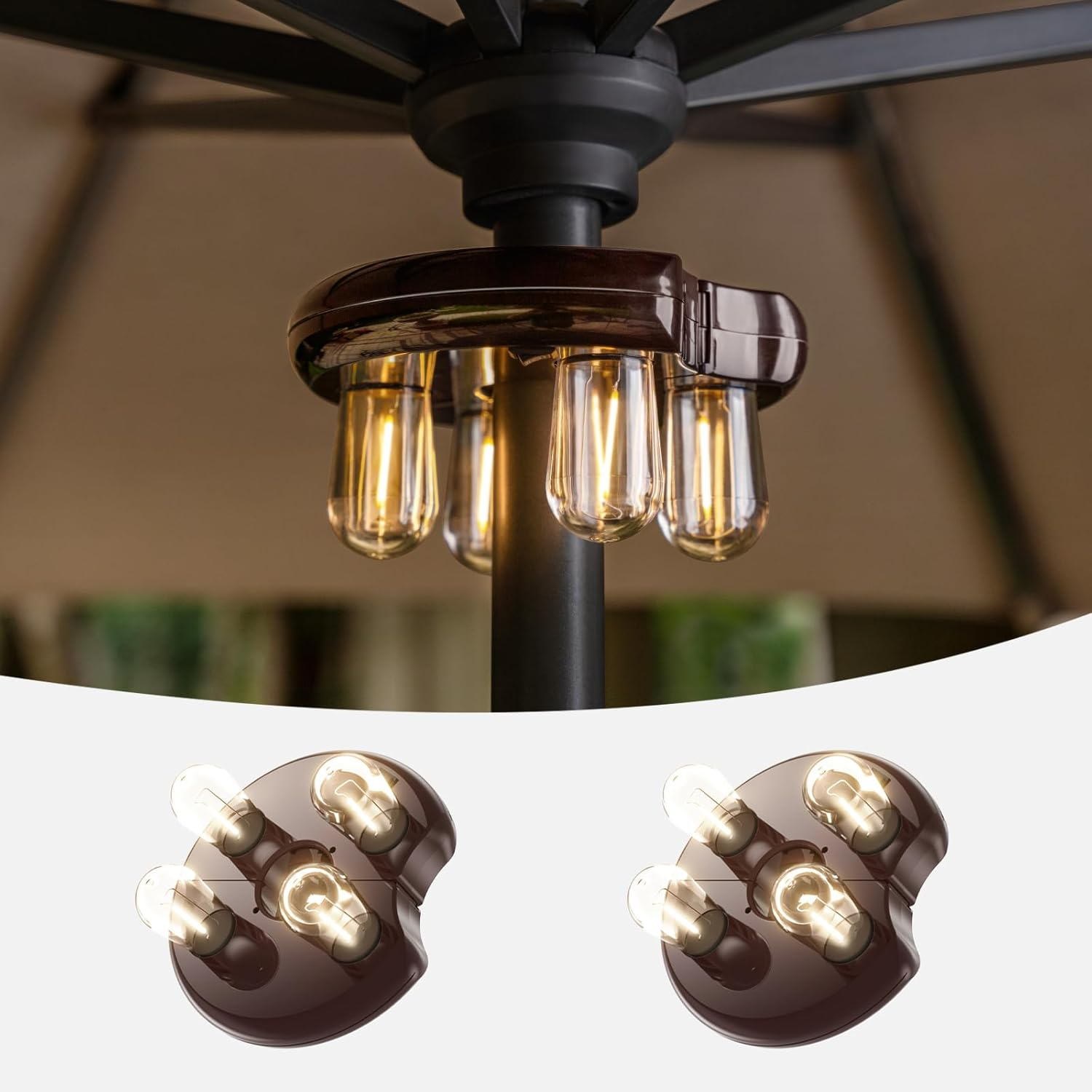 Patio 2 Packs Umbrella Light with LED Edison Bulbs, Battery Operation Cordless-Outdoor Umbrella Pole Lights with 2 Lighting Modes for Garden，Patio, Backyard, Camping or BBQ - Brown image number 3