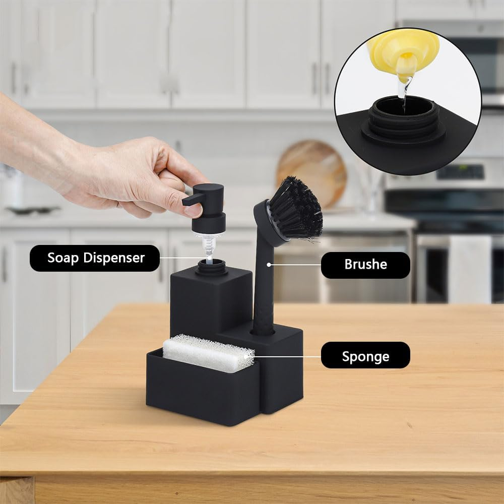 Ranqisys 3-In-1 Soap Dispenser Set with Sponge Holder &ndash; Dual Soap Pump Dispenser for Kitchen Sink, Hand & Dish Soap, Brush & Sponge Caddy, Black, 320Ml image number 6