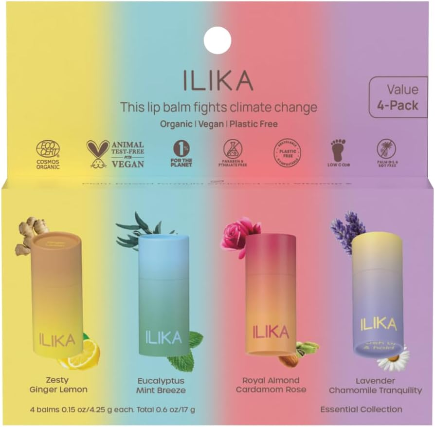 ILIKA Lip Balm Organic, Plastic-Free, 100% Plant-Based, COSMOS Certified Organic, PETA Certified Vegan & Cruelty-Free, Biodegradable Tube, All-Day Moisture (4 Pack, Essential Collection) image number 1
