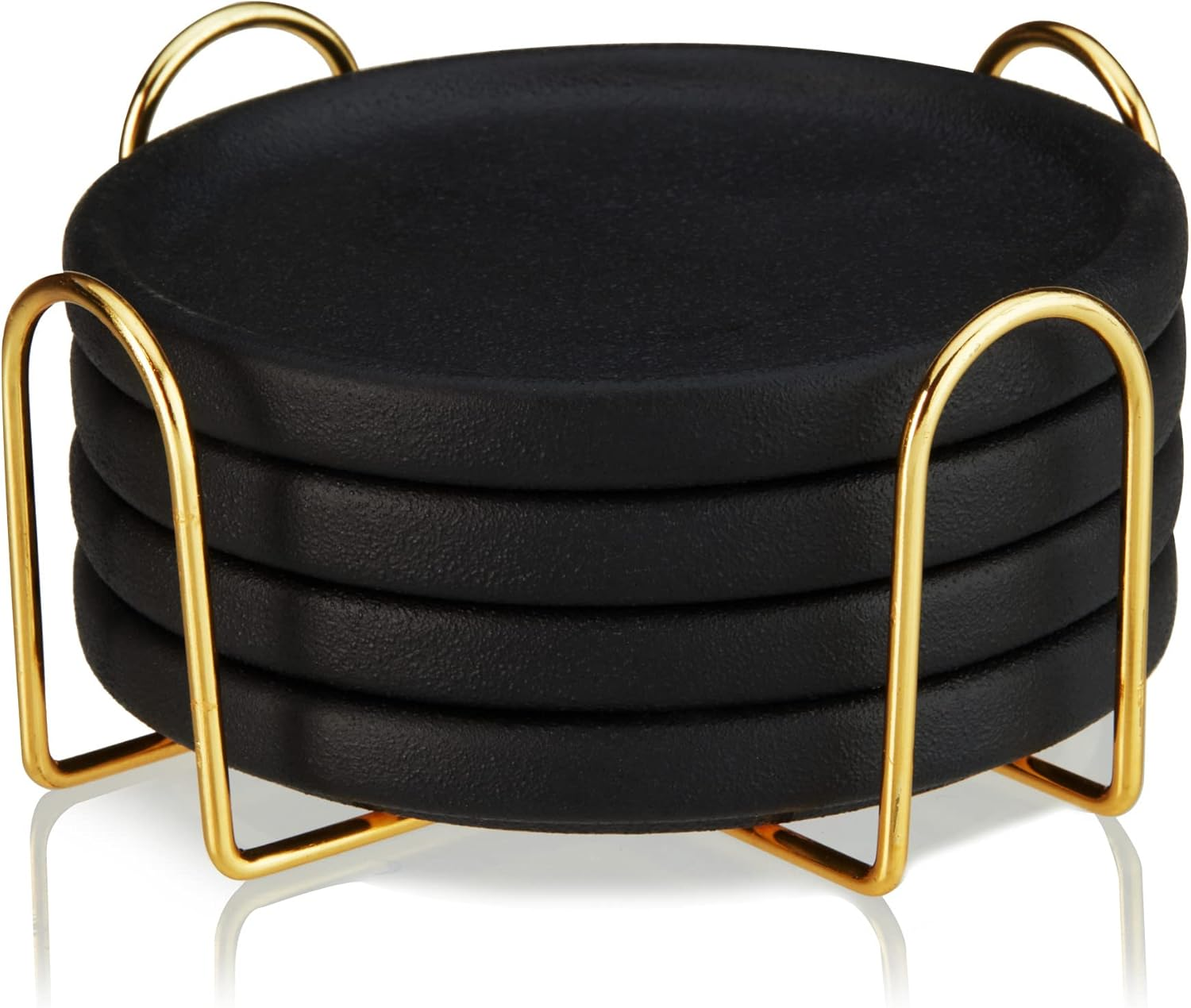 Viski Earthenware Coasters Set of 4 - Ceramic Drink Coasters - Outdoor Coasters for Drinks - Unique Coasters with Gold Stand Black image number 5