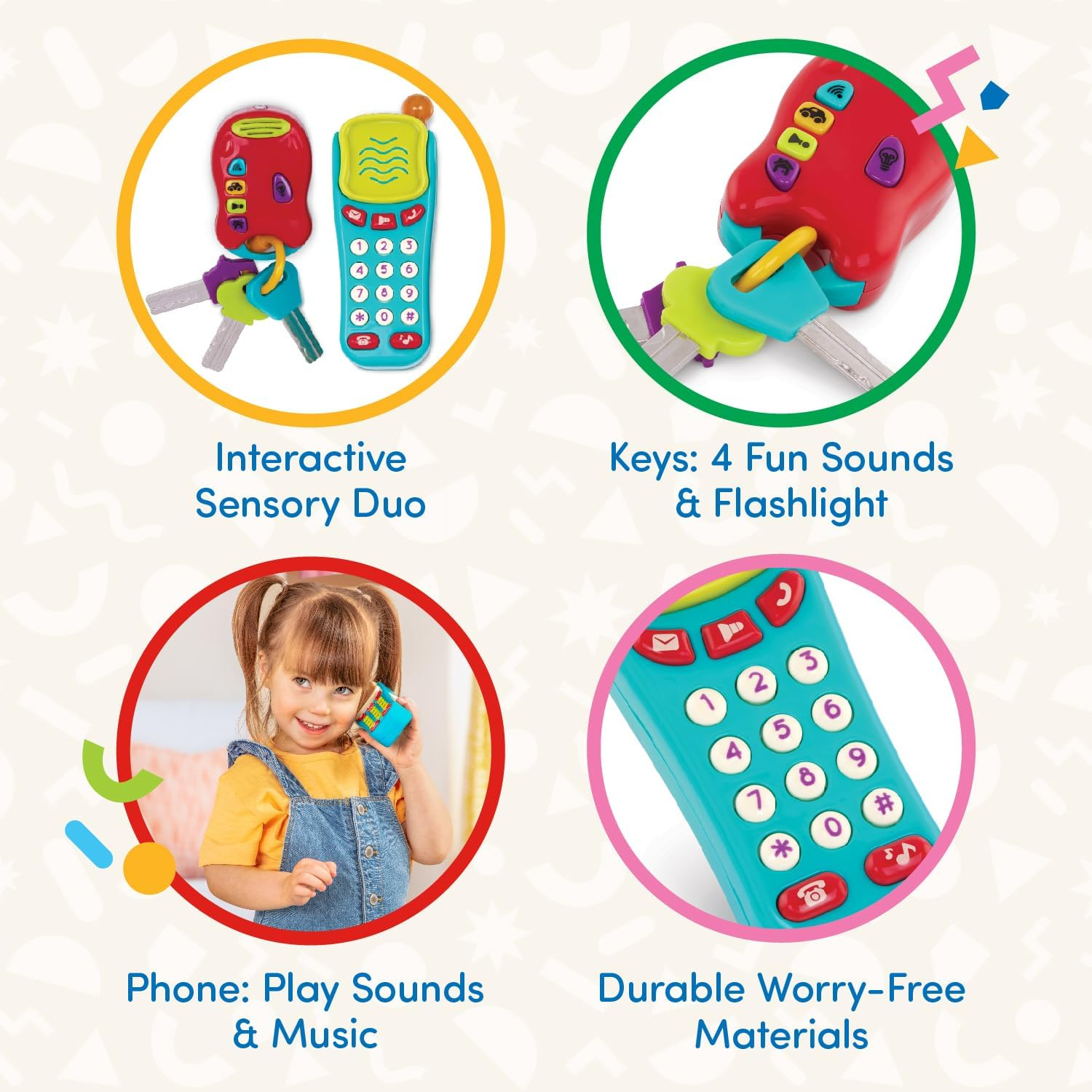 Battat &ndash; Sensory Toys &ndash; Pretend Phone & Keychain &ndash; Toddler Light-Up Phone &ndash; Toy Car Keys & Phone &ndash; 10 Months + &ndash; Light & Sound Phone + Light & Sound Keys image number 3