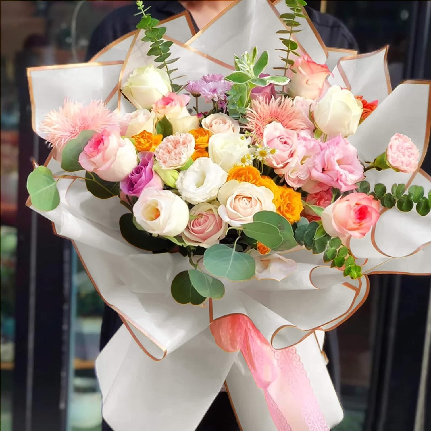 JOYIT 20 Sheets Flower Wrapping Paper - White, 22.8''X22.8'' with Ribbon, Waterproof, Perfect for Wedding, Birthday, Flower Shop, DIY Craft - Black image number 4