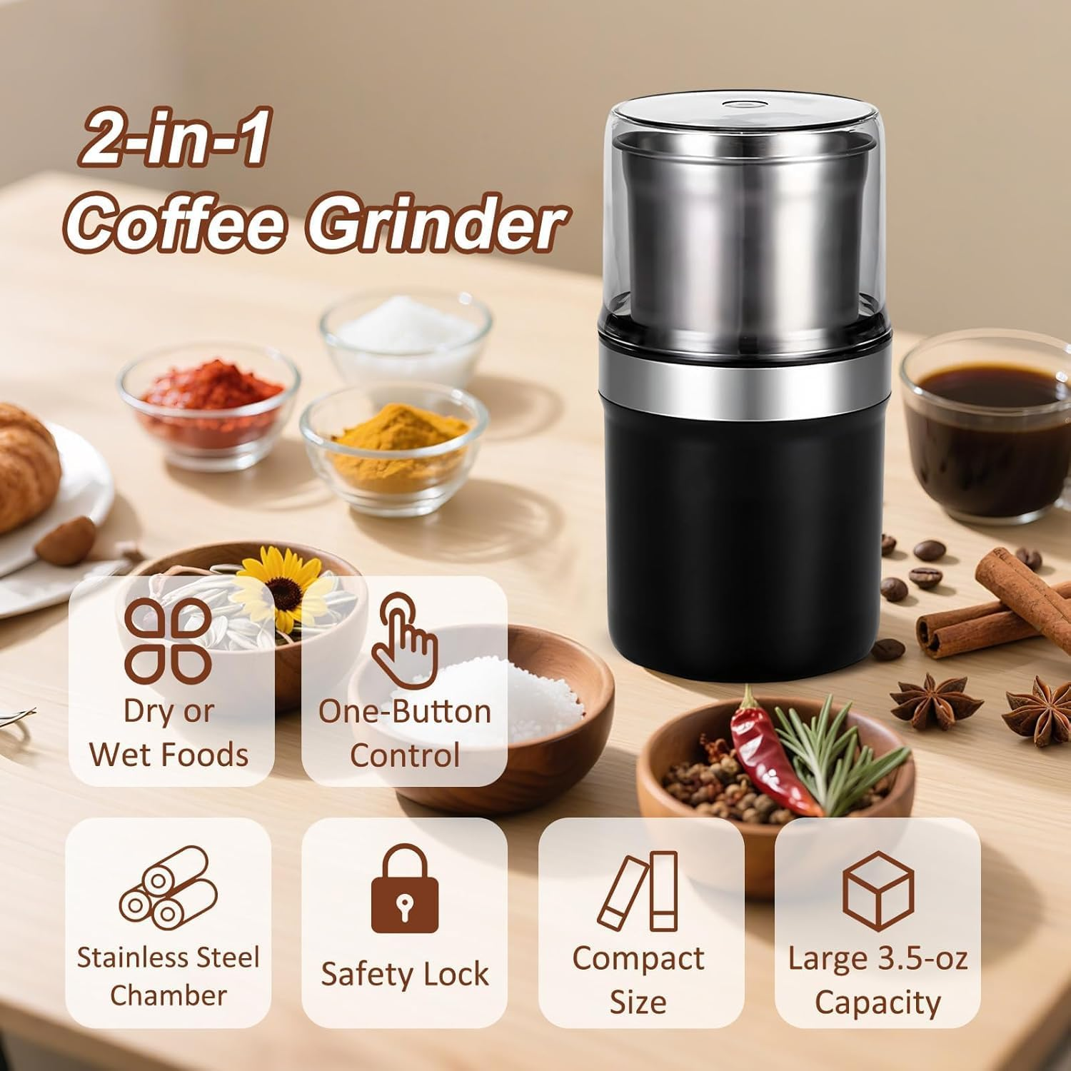 Electric Coffee Grinder & Spice Grinder, 3.5Oz /100G Capacity, Dual Leaf Stainless Steel Blade for Coffee Beans, Herbs, Nuts, 2 Removable Stainless Steel Bowls - Perfect for Home, Kitchen, Camping image number 1