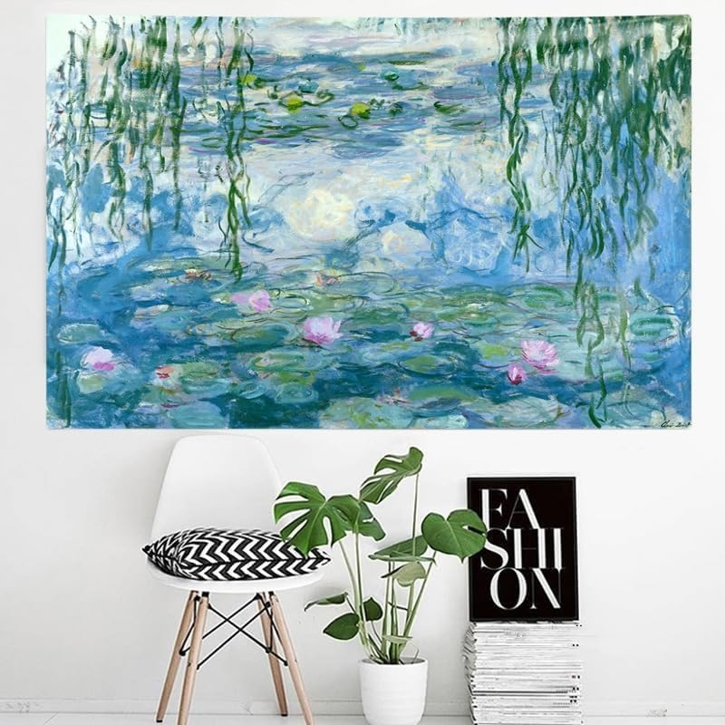 Water Lilies Tapestry Wall Hanging Monet Flowers Floral Wall Art with Hemmed Edges, Wall Blanket Home Decor for Bedroom College Dorm, Blue, 60X51 Inches(Water Lily) image number 5