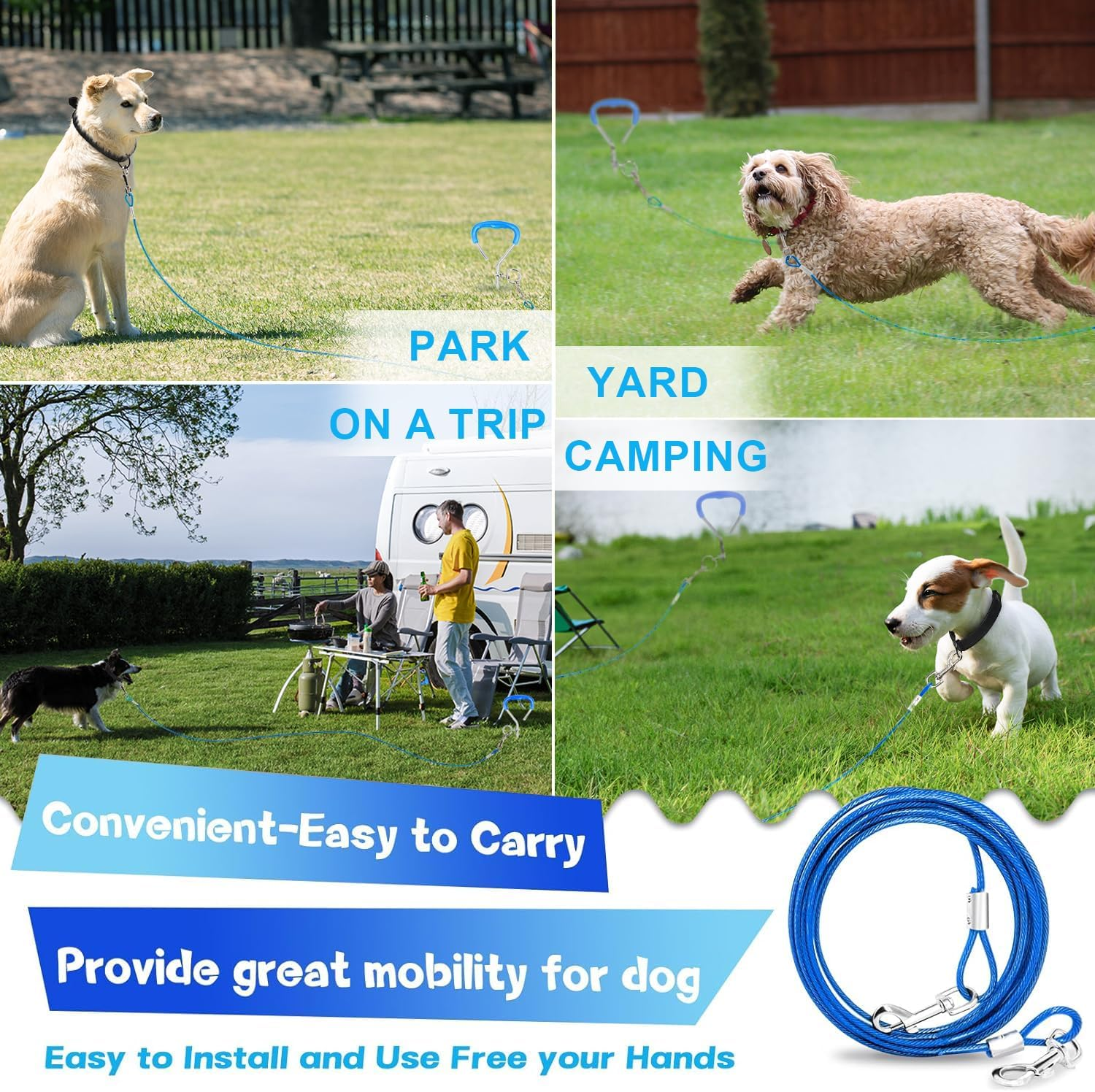 Dog Tie Out Cable and Stake 32 Ft Outdoor, Yard and Camping, for Medium to Large Dogs up to 125 Lbs, 16" Stake, 32 Ft Cable with Durable Spring and Metal Hooks for Outdoor image number 6