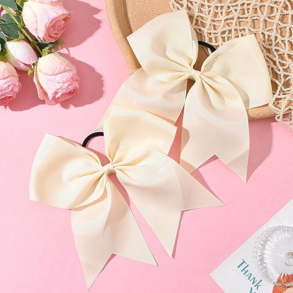SUNNYCLUE 1 Box 2Pcs White Bow Ponytail Bowknot Elastic Hair Ties Coquette Cornsilk Large Jumbo Bowknots Chear Pony Hair Tails Holder Band Bulk for School Soccer Rugby Sports Favours Women Adults image number 1