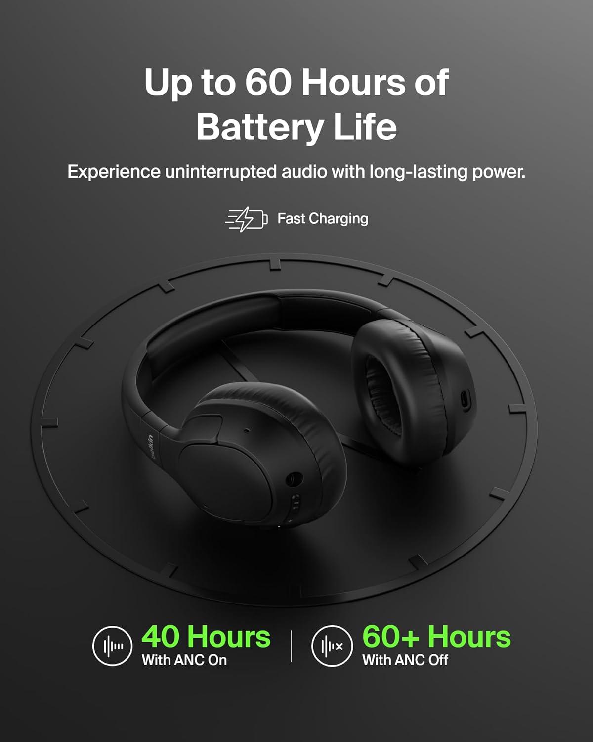 Belkin Soundform Isolate Noise-Cancelling Over-Ear Headphones, Hybrid Active Noise-Cancelling, Wireless, Bluetooth W/ 60H Playtime, Deep Bass, Cloudcushion Ear Cups for Travel, Home, or Office - Black