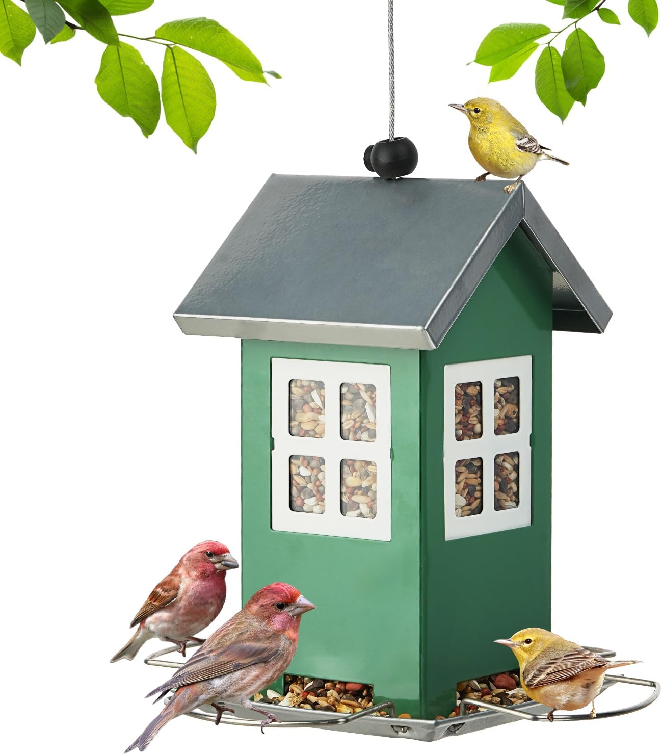 Small Metal Bird Feeders for Outdoors, Cute House Shape Bird Feeder with Window Design, Garden Terrace External Hanging Decorative Birdfeeder for Finch Sparrow Little Birds - Premium Green image number 1