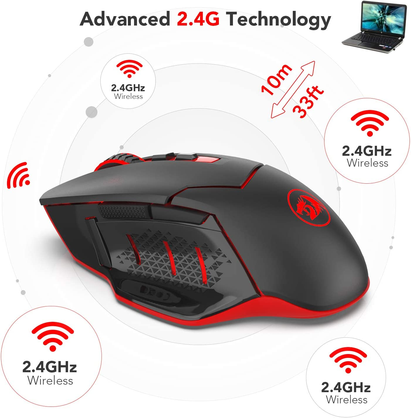 Redragon M690-1 Wireless Gaming Mouse with DPI Shifting, 2 Side Buttons, 2400 DPI, Ergonomic Design, 8 Buttons-Black image number 6