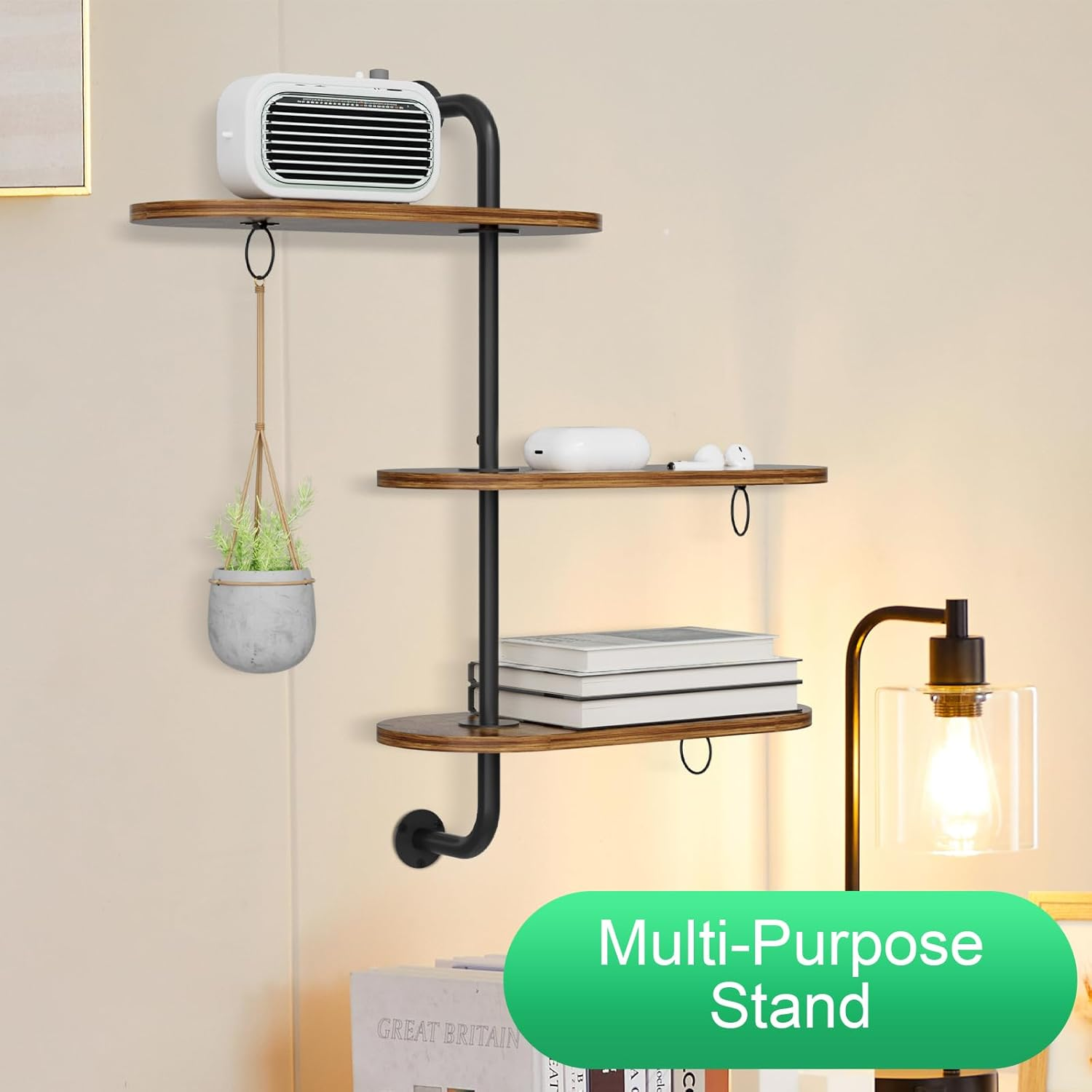 Rotating Window Plant Shelves 3 Tier, Plant Stand Indoor Outdoor Wooden Window Plant Shelf with 3 Circle Hook, 3 Anti-Slip Mats, Hanging Plant Shelf for Window, Plants, Flowerpots