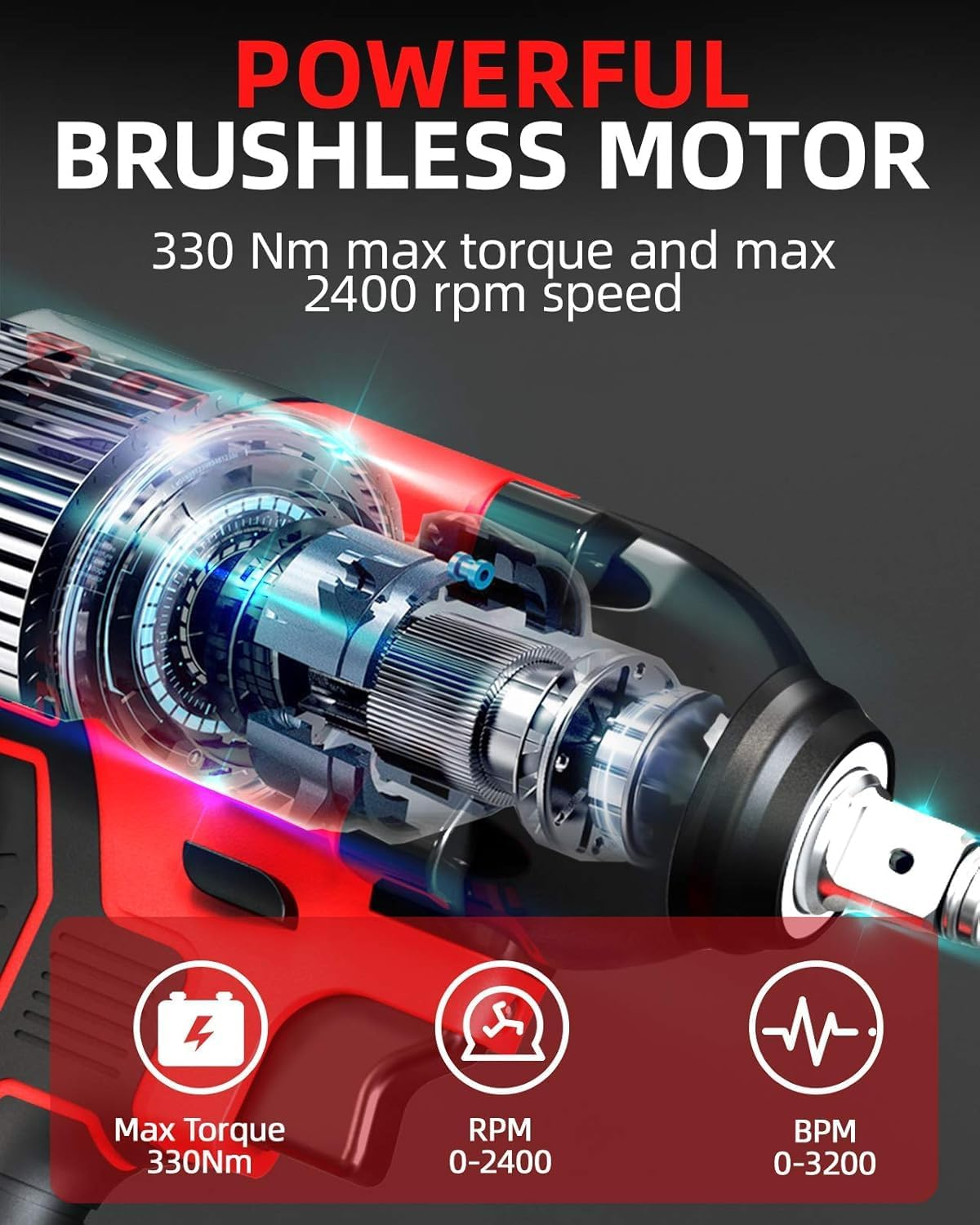 WAKYME 21V MAX Cordless Impact Wrench Kit, 1/2" Brushless Compact Wrench Power Tool Kit, TWO 4.0AH Li-Ion Battery, 7Pcs Driver Impact Sockets, Fast Charger, Belt Clip, Tool Box (250 Ft-Lb Torque) image number 4