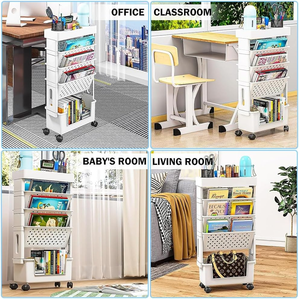 Moveable Bookshelf on Wheels, 5-Tier Mobile Book Shelf Space-Saving Rolling Cart Storage, Utility Organizer for Living Room Home Classroom School (White) image number 2