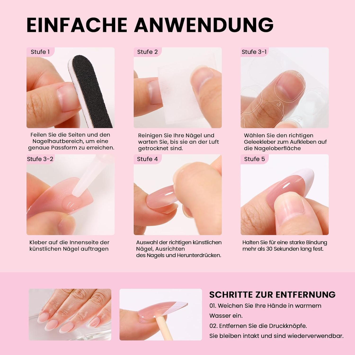 Noerrors 24 Pieces Short Almond Rose Red Flower Design Push Nails in Hot Pink Spring Summer Exquisite Glue and Stick Nail Art Manicure - Gradual French image number 3