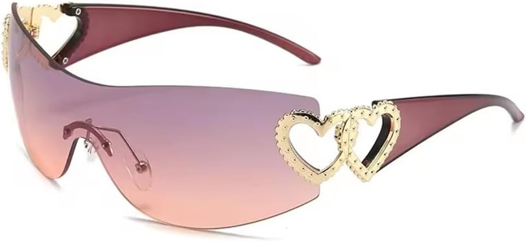 JRLLFD One-Piece Sunglasses Rimless Glassess with Double Love Heart-Shaped Pink Gradient Wrap around Sun Glasses