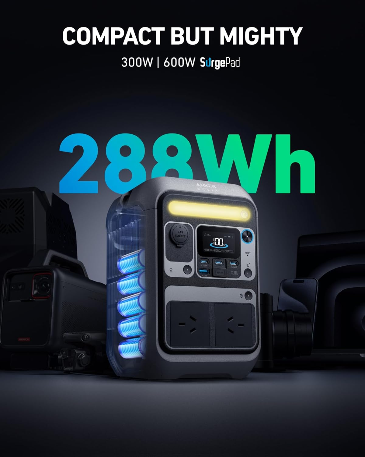 Anker Portable Power Station SOLIX C300, 288Wh Lifepo4 Battery, 300W (600W Surge) Solar Generator, 140W Two-Way Fast Charging, for Outdoor Camping, Traveling, and Emergencies (Solar Panel Optional) image number 2