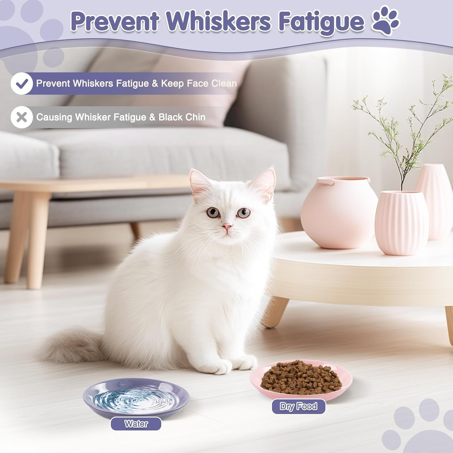 Cat Bowl Ceramic Set, 2 Pieces Flat Feeding Bowl for Cats and Kittens, Anti-Whisker Fatigue Cat Bowl to Protect Whiskers, Hygienic Cat Plate for Food and Water (15 X 3 Cm) image number 6