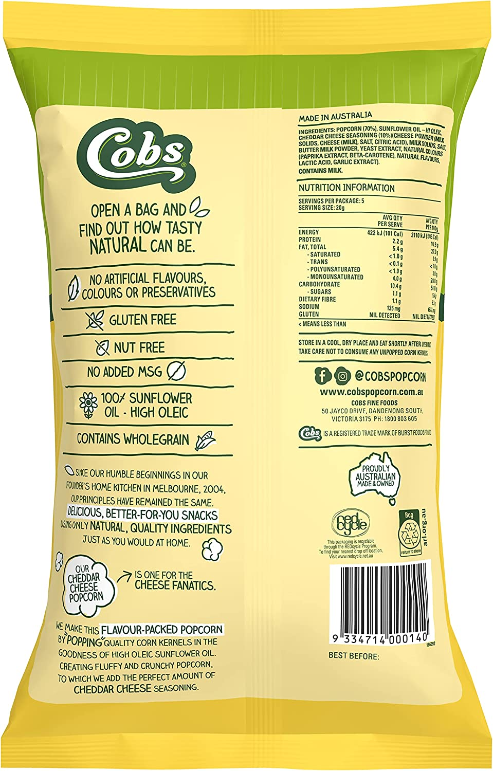Cobs Natural the BIG CHEESE Popcorn 100G Bag X 12 (1200G Total) image number 1