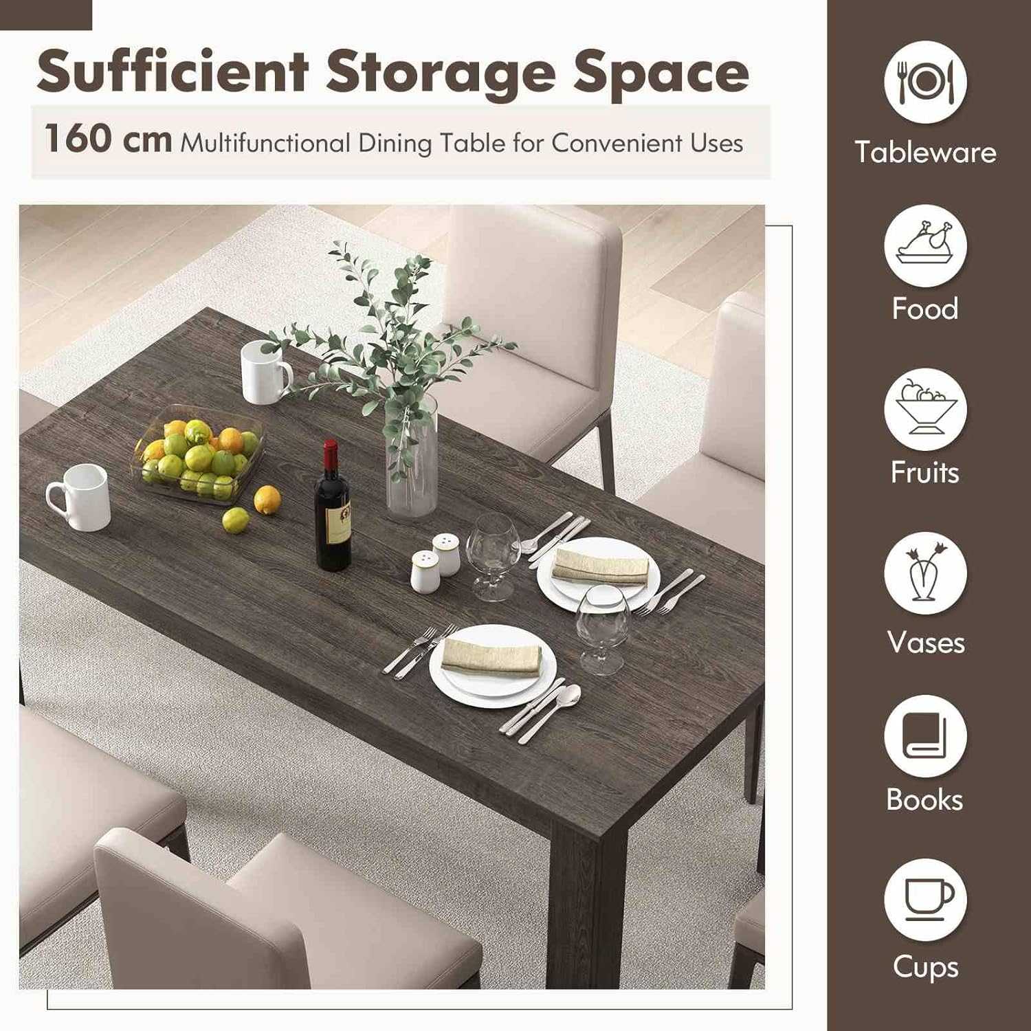 Costway Dining Table for 4-6 People, 160 Cm Kitchen Table W/L-Shaped Legs, 150 Kg Weight Capacity, Large Wooden Rectangular Dinner Table for Dining Room, Home Office, Living Room Furniture (Grey)