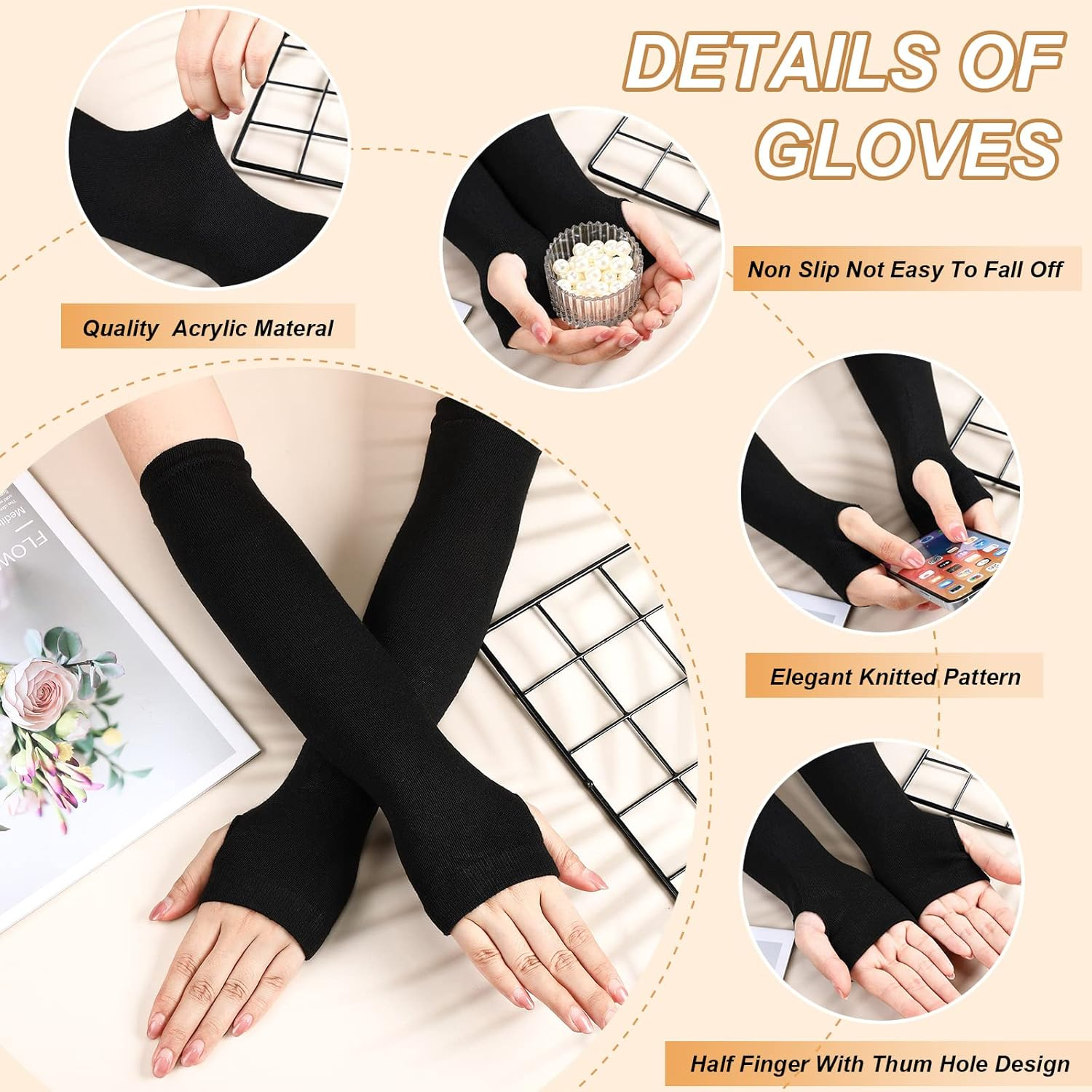 Long Black Fingerless Gloves Arm Warmers Elbow Length Winter Thermal Stretchy Knitted Gloves with Thumb Hole for Women image number 4