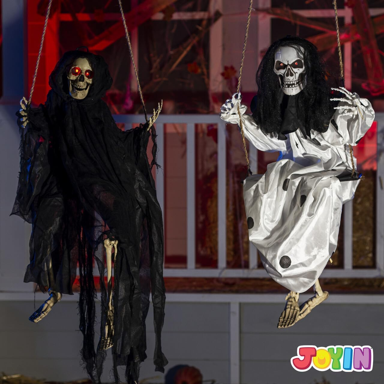 JOYIN Outdoor Halloween Decorations 2 Packs Hanging Ghosts Decor with Lighted up Eyes, 3Ft Scary Grim Reaper Swinging Skeleton Flying for Yard Patio Lawn Garden image number 6