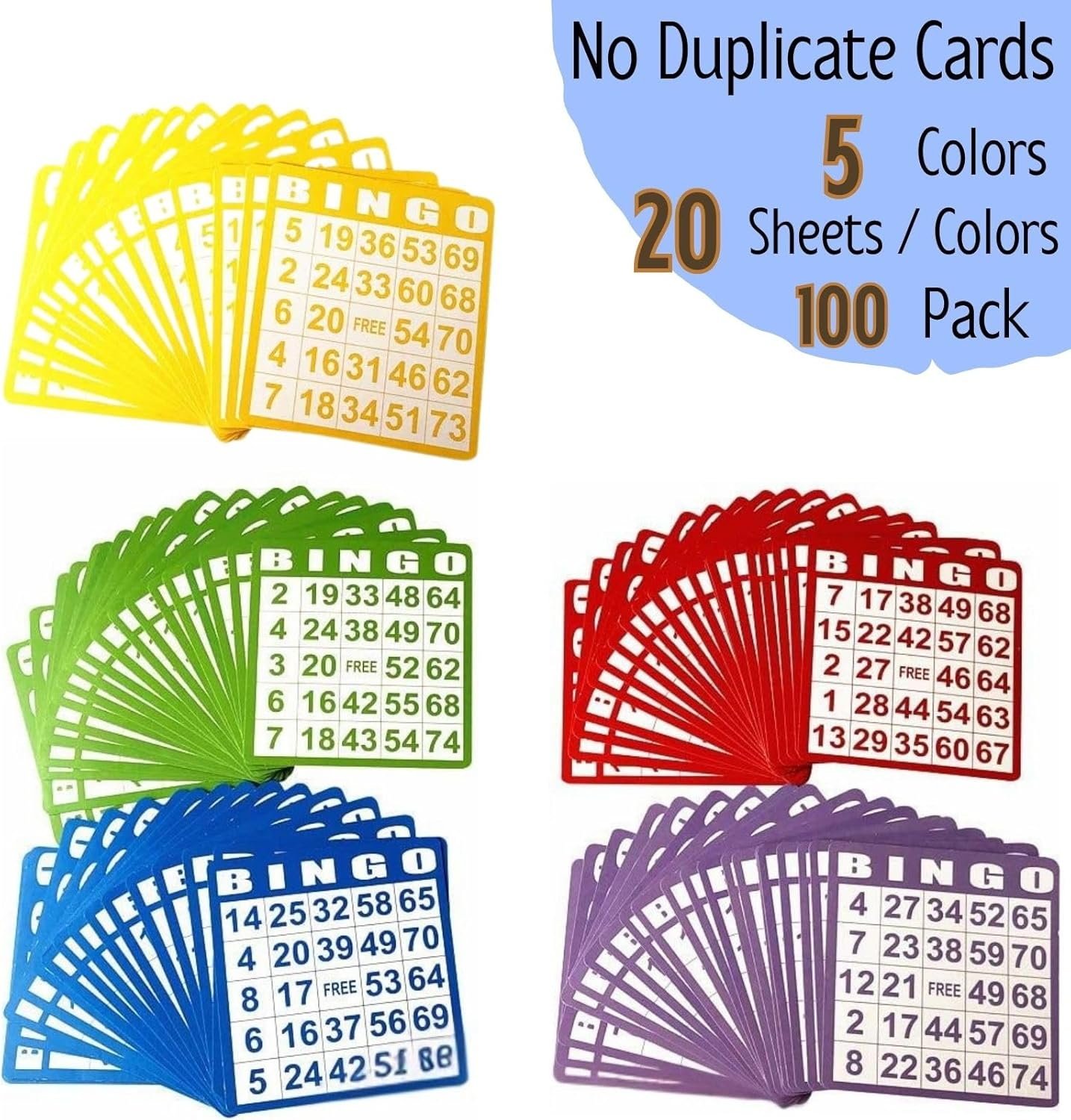 Bingo Cards-5 Colors -100Pcs Bingo Sheets Easy Read Numbers Disposable Reusable Bingo Paper Sheets,Perfect for Parties,Gatherings,Casino Nights & Events&ndash;Easy to Use for All Ages image number 3
