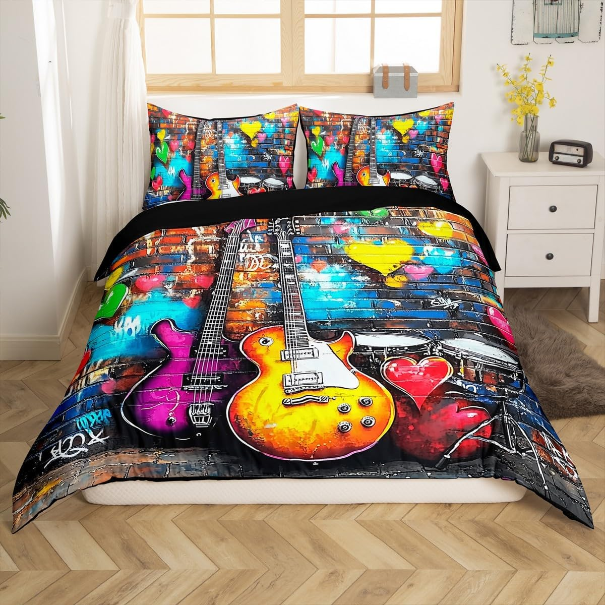 Electric Guitar Duvet Cover Set Queen Size,Tie-Dye Graffiti Brick Wall Bedding Set,Boys Girls Room Decor,Rock Music Modern Artwork Comforter Cover,Corlorful Quilt Cover,2 Pillowcases(No Comforter) image number 5