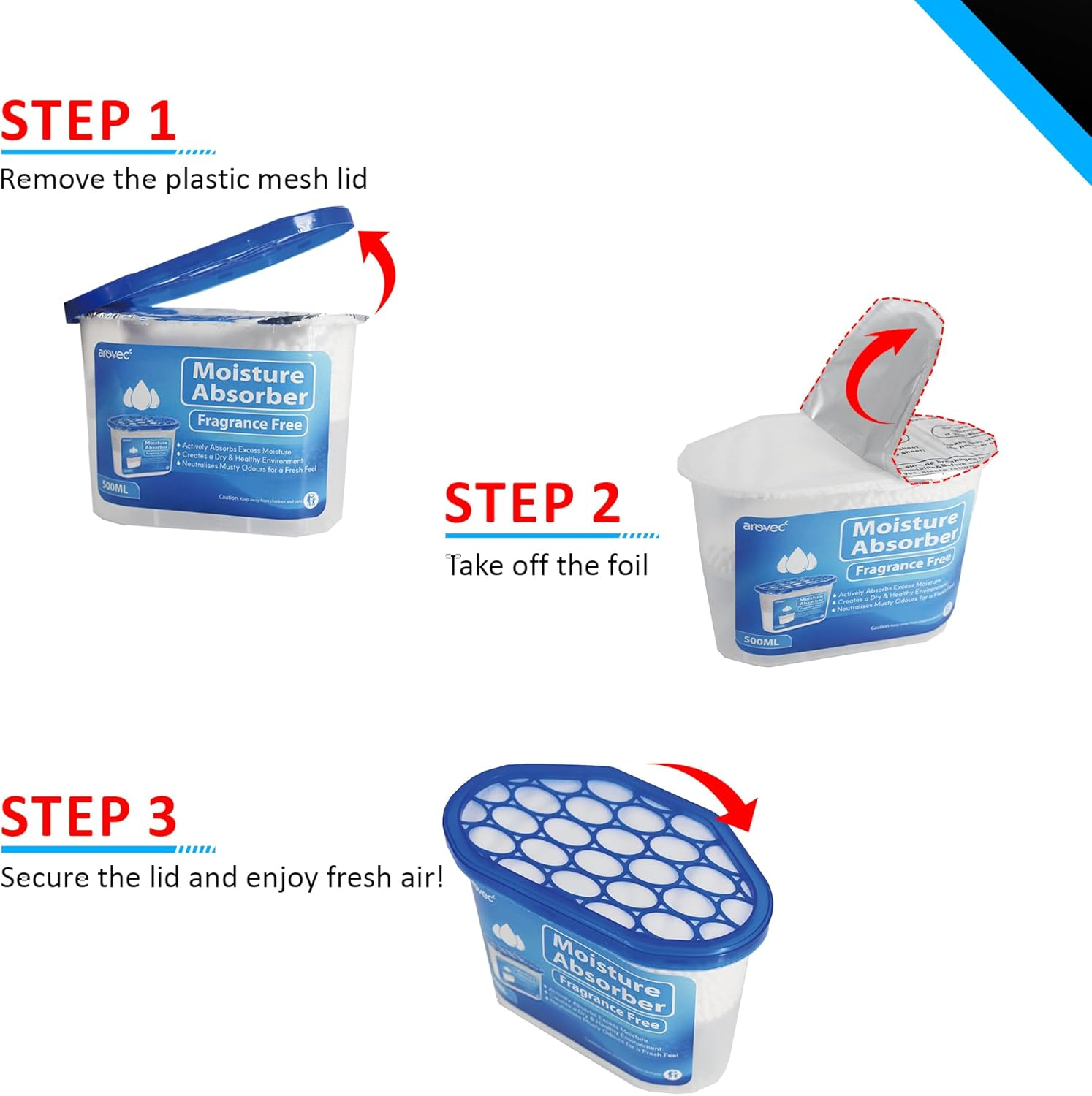 Arovec Moisture Absorber Dehumidifier, Unscented 8 Packs Portable for Wardrobes and Closets, Kitchen, Bathrooms, Laundry Rooms (500Ml) image number 3