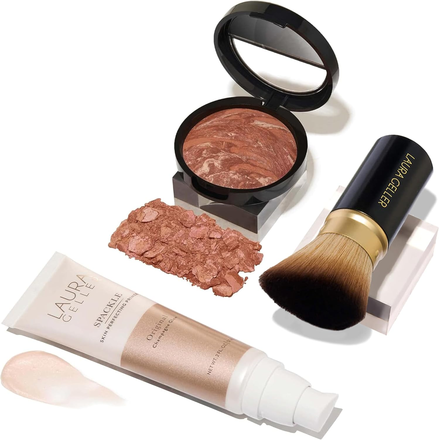 LAURA GELLER NEW YORK Ready-N-Radiant Kit (3 PC) - Baked Bronze-N-Brighten, Fair + Spackle Super-Size Skin Perfecting Primer, Champagne Glow + Retractable Angled Kabuki Brush