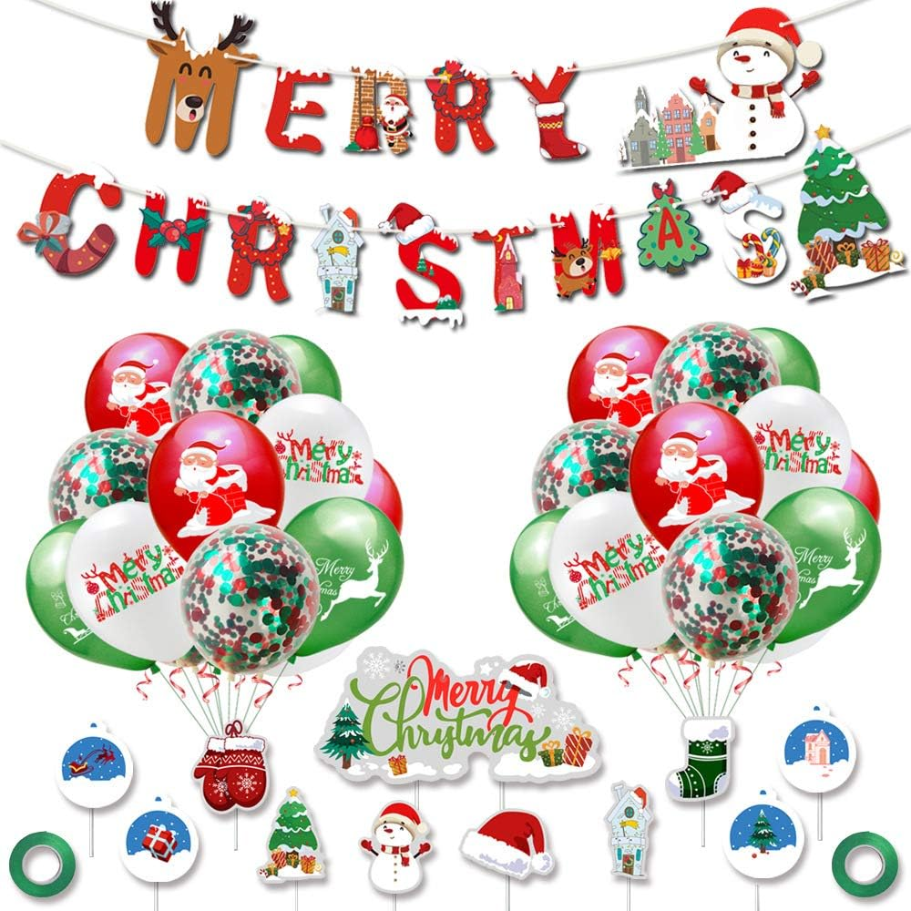 Merry Christmas Balloons Set Merry Christmas Banner Party Decorations Kit Christmas Theme Pull Flag Cake Card Decoration for Christmas Holiday Fun Baby Shower Birthday Party Bar Home Decor Supplies