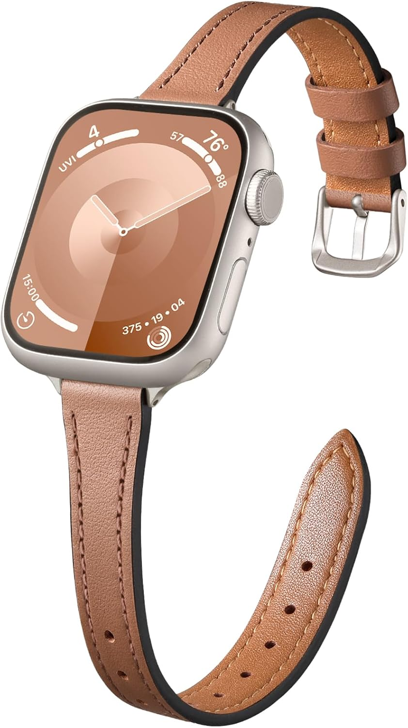 WJK Slim Leather Band Compatible with Apple Watch Series 11 10 9 8 7 6 5 4 3 2 1 SE and Iwatch 38Mm 40Mm 41Mm 42Mm Women, Top Grain Genuine Leather Thin Replacement Strap for Apple Watch, Multi Colors