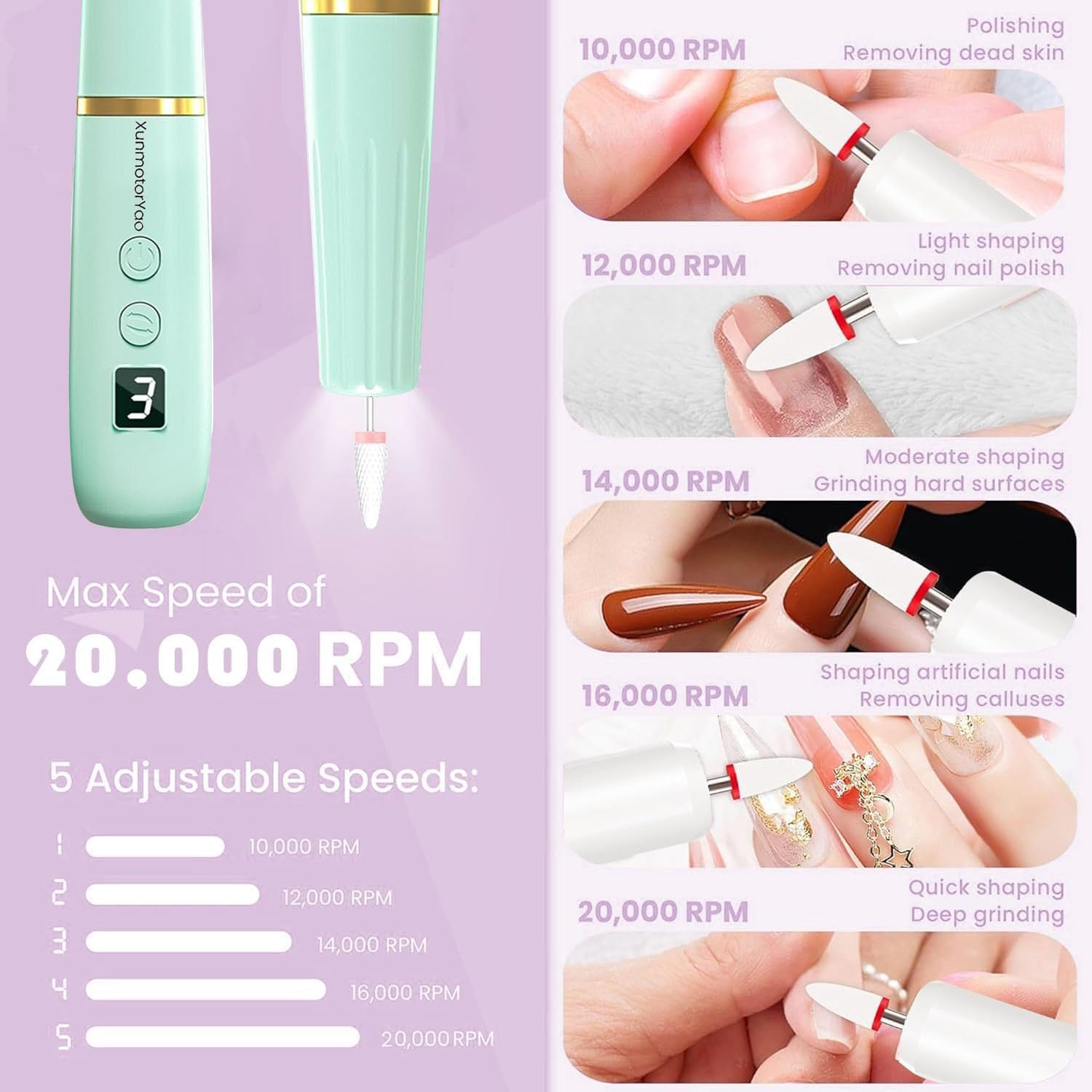 Xunmotoryao Wireless Portable Nail Cutter Professional 12 in 1 Electric Nail Drill Machine USB Rechargeable Electric 20000 RPM Electric for Manicure and Pedicure Green image number 2