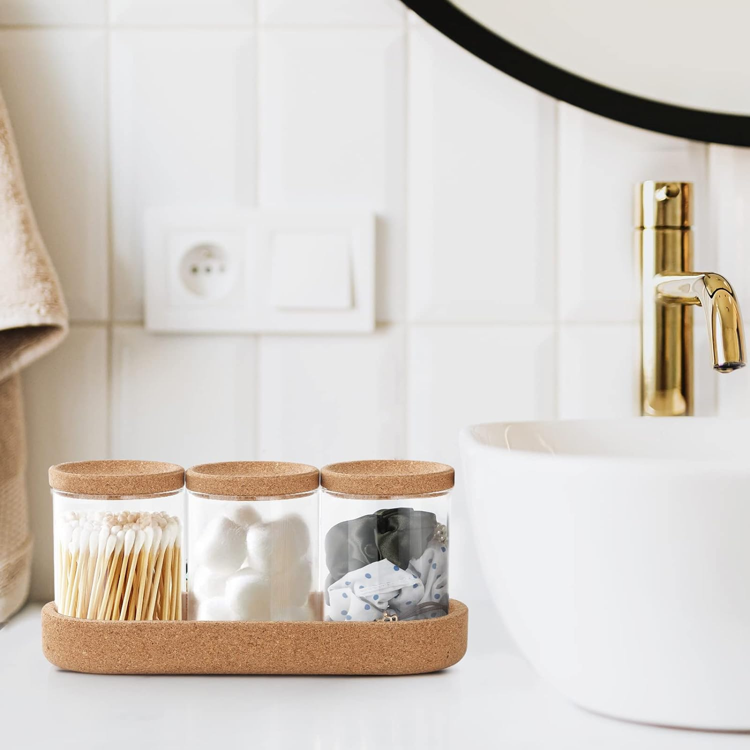 Anhow 3 Pack Qtip Holder Dispenser, Makeup Organizer with Cork Lids and Cork Pallet Cosmetic Display Cases Cotton Pad Dispenser for Cotton Ball, Cotton Swab, Cotton round Pads, Floss - Clear - Transparent image number 6